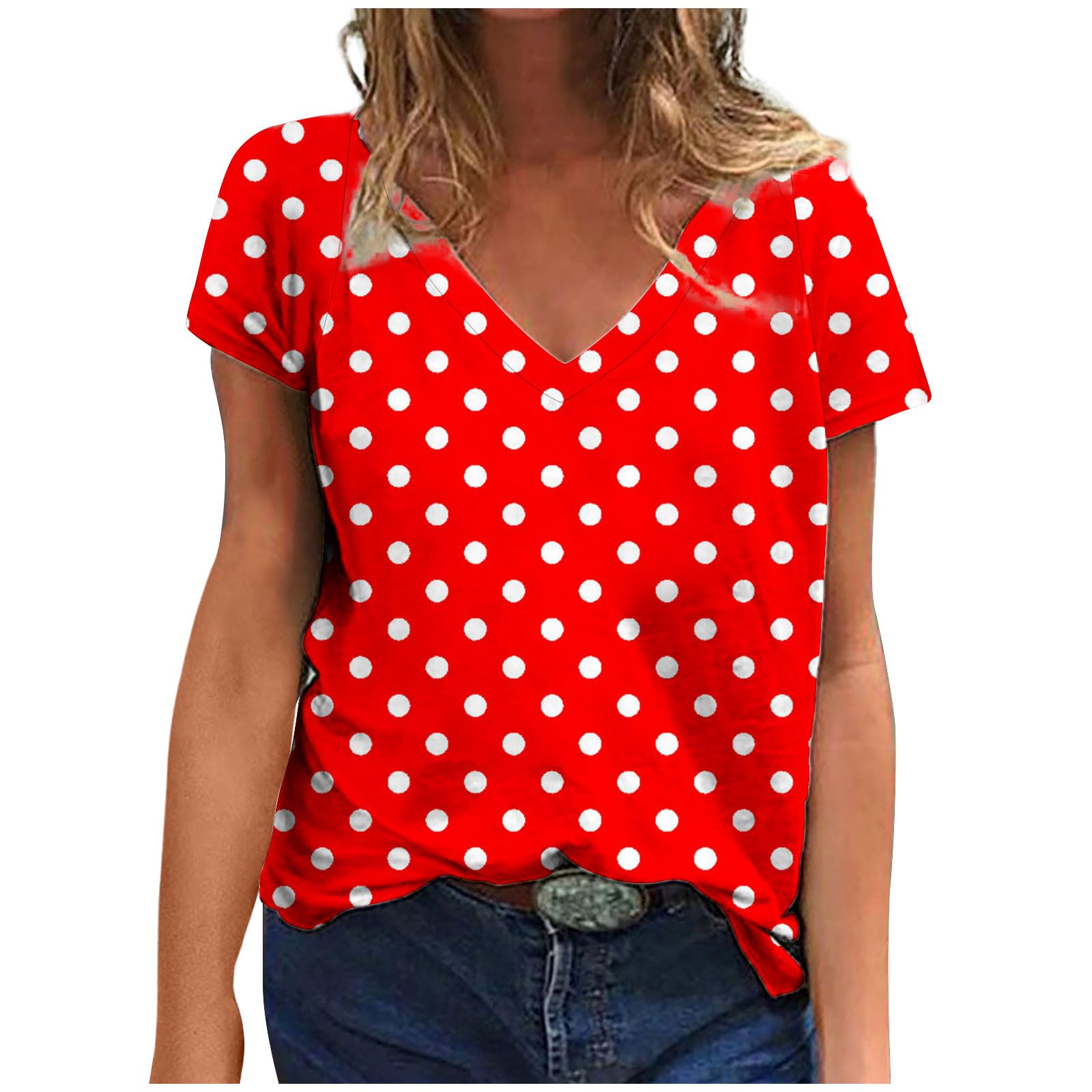 Women's Polka Dot Short Sleeve V-Neck Top - Loose Fit Casual Blouse for Summer 2024 | Perfect for Beach Outings, Date Nights & Office Wear