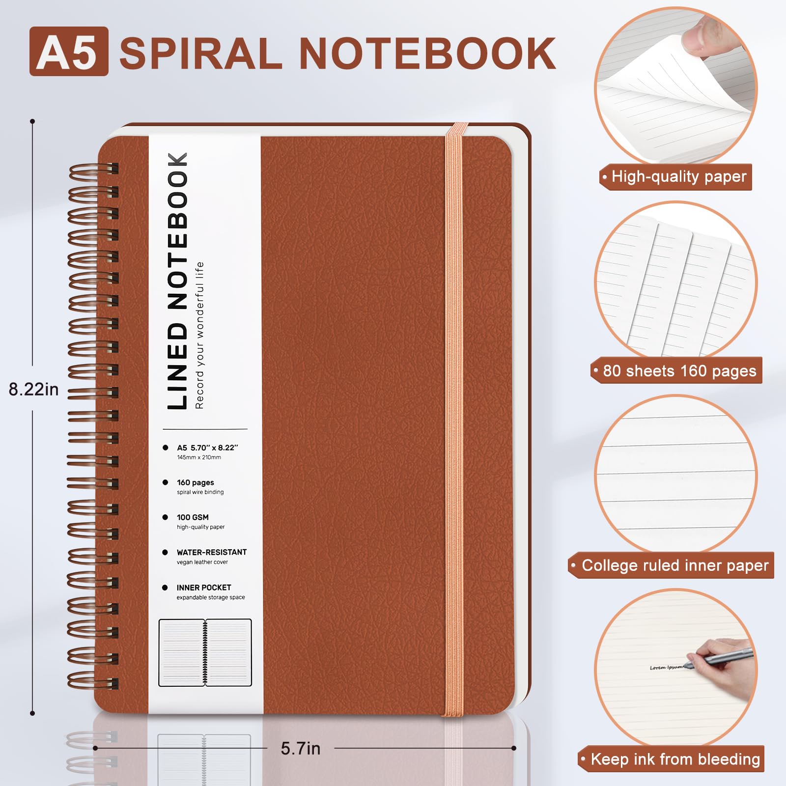 Premium A5 Hardcover Leather Spiral Notebook - 5.7