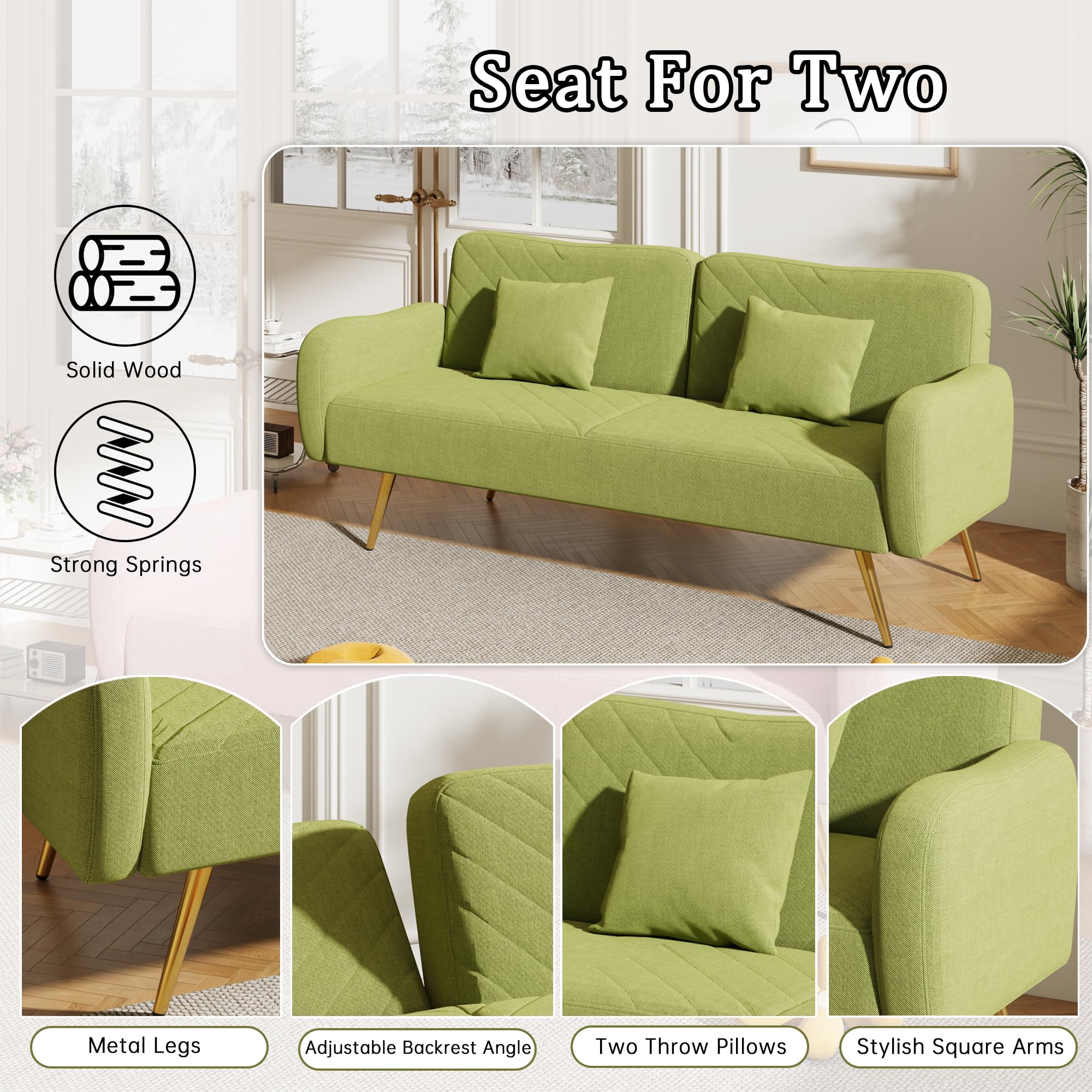 P PURLOVE Modern Convertible Sofa Bed with Adjustable Backrest & Armrests - 2 Throw Pillows Included - Upholstered Sleeper Sofa for Living Room, Bedroom, Office (Green) - Perfect for Small Spaces, Guest Rooms & Studio Apartments