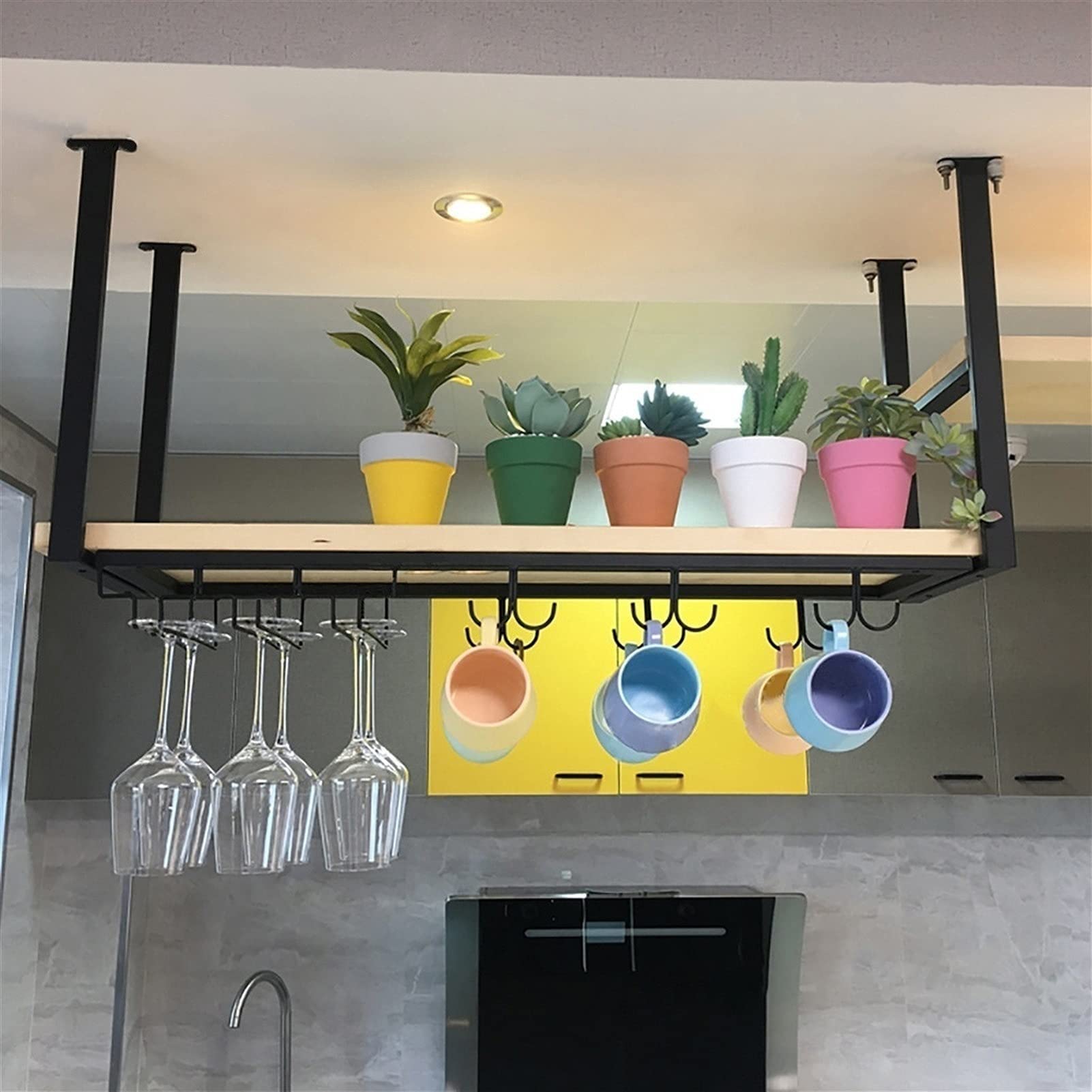 Wrought Iron Ceiling Wine Glass Rack & Hanging Plant Stand - Wall Mount Floating Storage for Kitchen, Bar - Dual Function Upside Down Wine Glass Holder & Plant Hanger - Perfect for Small Space Organization & Home Decor