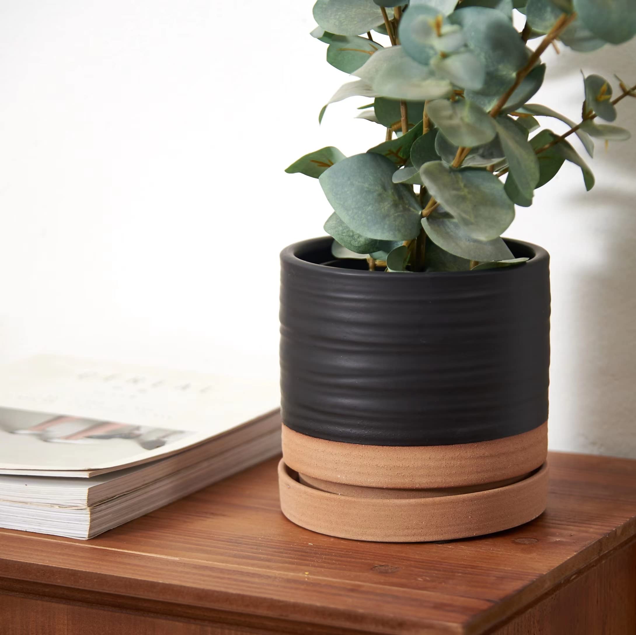 6 Inch Ceramic Plant Pots with Drainage Hole & Saucer - Indoor/Outdoor Cylinder Round Planter for Succulents, Herbs, Flowers - Matte Black & Brown Modern Home & Garden Decor