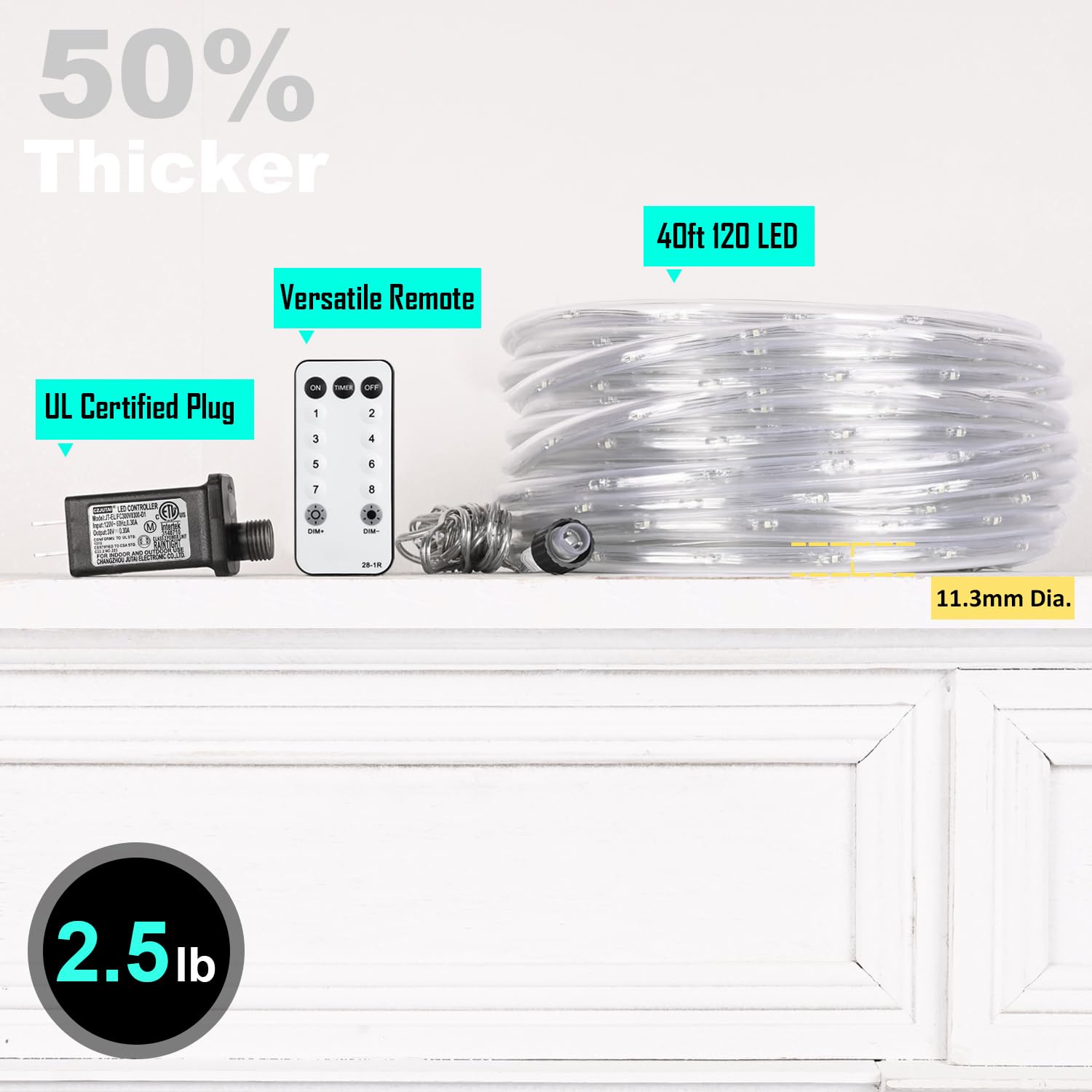 40ft 120 LED Outdoor Waterproof Rope Lights - Plug in Tube Lights for Garden, Patio, Party & Christmas Decorations (Cool White) | Weatherproof String Lights for Outdoor Use, Backyard Lighting, Holiday & Event Decor