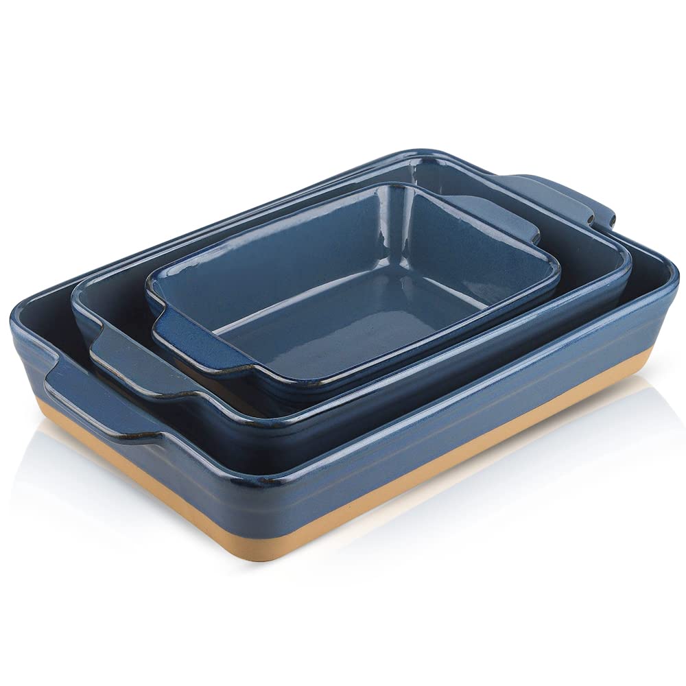 HVH 3-Piece Ceramic Baking Dish Set - 9x13 Inch Deep Casserole Pan, Lasagna Dish & Rectangular Bakeware - Farmhouse Style Blue Ceramic Cookware for Oven, Microwave & Dishwasher Safe - Perfect for Casseroles, Lasagna, Roasts & Holiday Meals