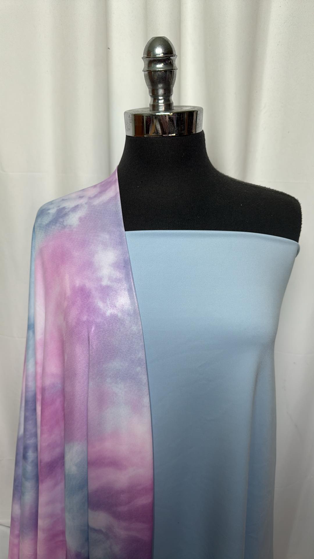LT. Blue/Pink/Purple Tie Dye Fabric Bundle - 2 Yards Light Blue Ultra Soft Polyester Spandex & 2 Yards Tie Dye Foil ITY Knit - Perfect for DIY Fashion, Dance Costumes, and Boho Home Decor (A27087)