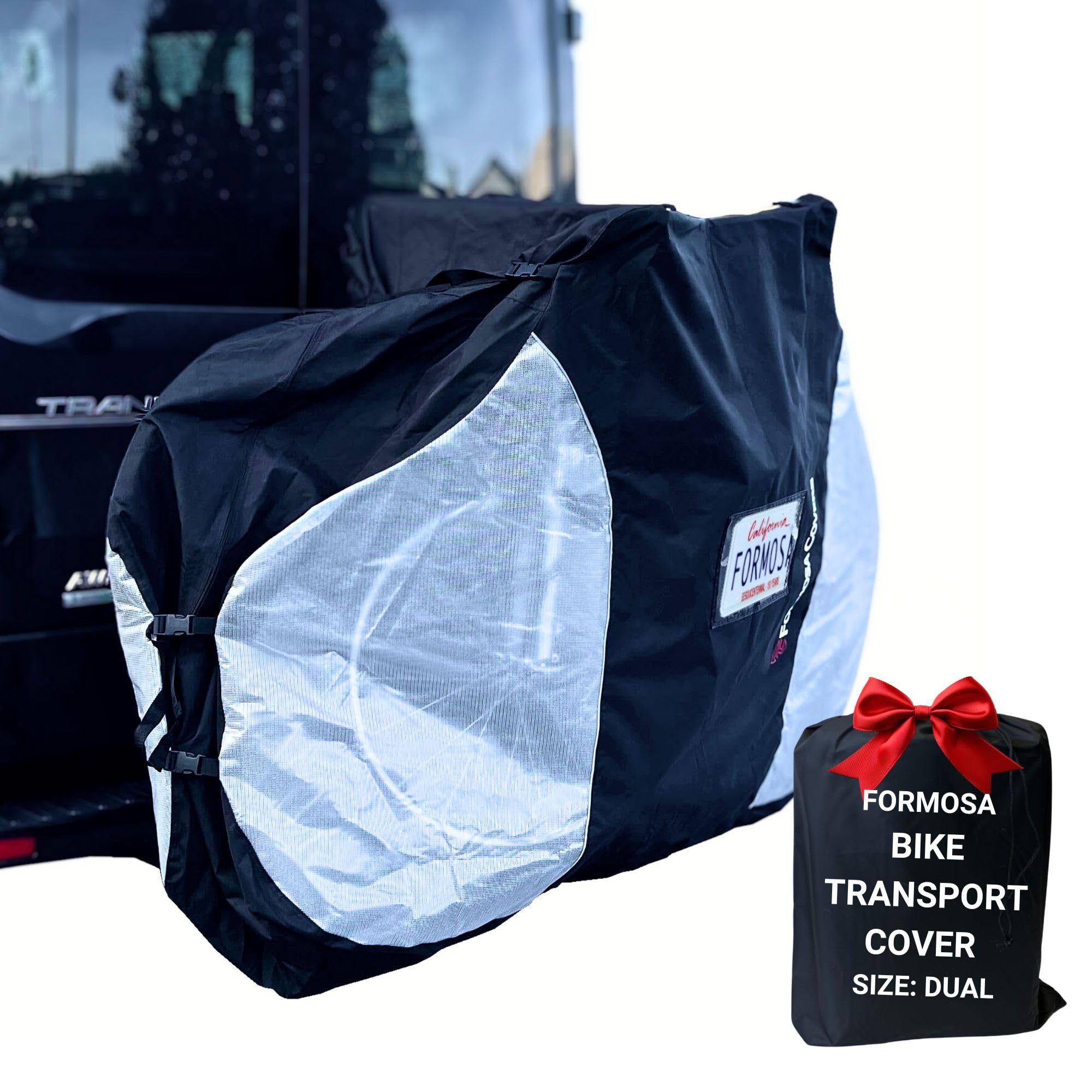 FORMOSA Heavy Duty Bike Cover for Transport - Waterproof Travel Bicycle Cover for Single, Dual & Quad Racks - Durable Electric Bike Protection for Road Trips & Outdoor Adventures