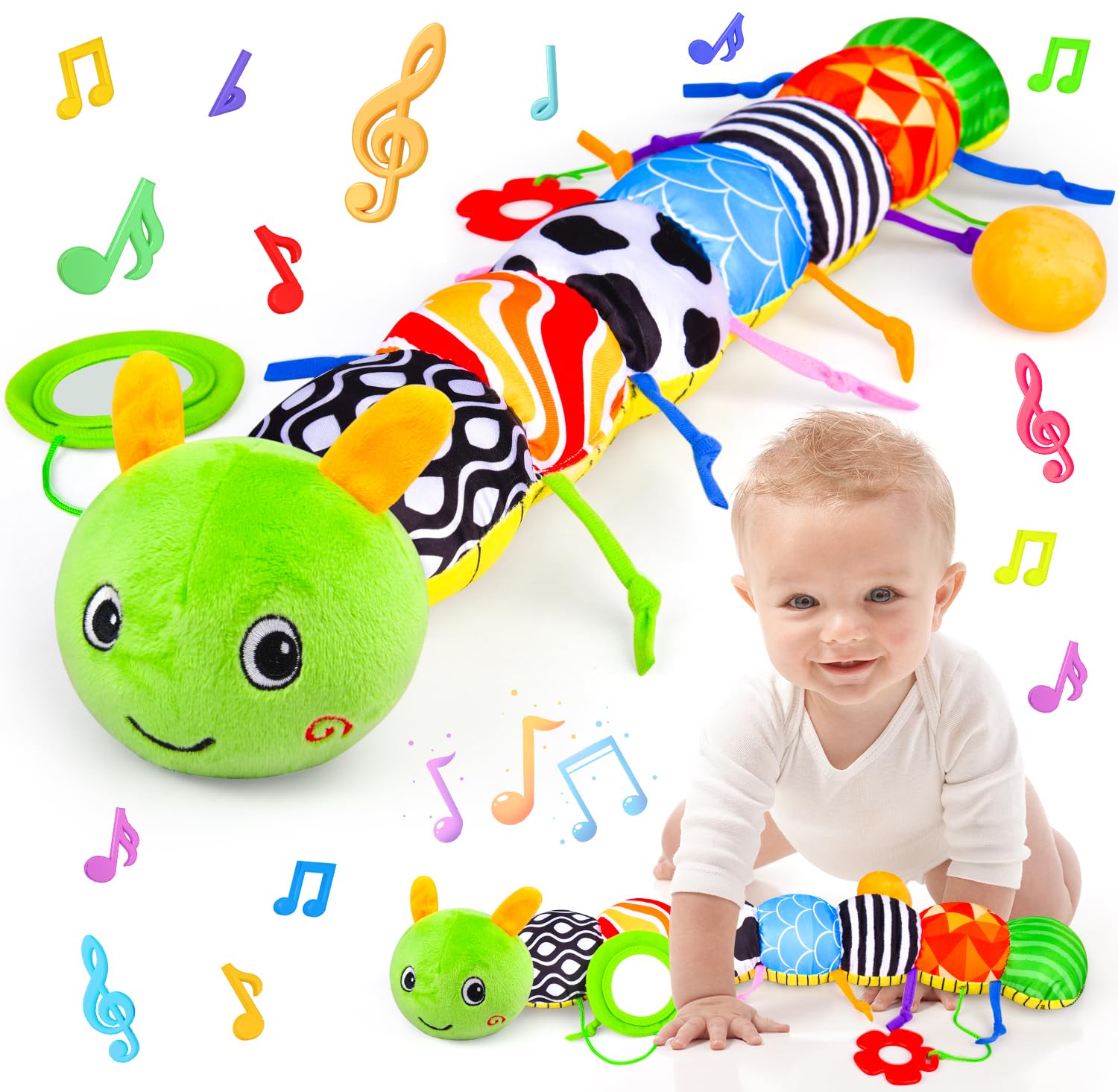Soft Sensory Baby Toys 0-12 Months - Crinkle, Rattle & Mirror Developmental Toys for Newborn Boys & Girls | Tummy Time, Teething & Early Learning Play | Green Caterpillar Plush Musical Toy Gift for Infants