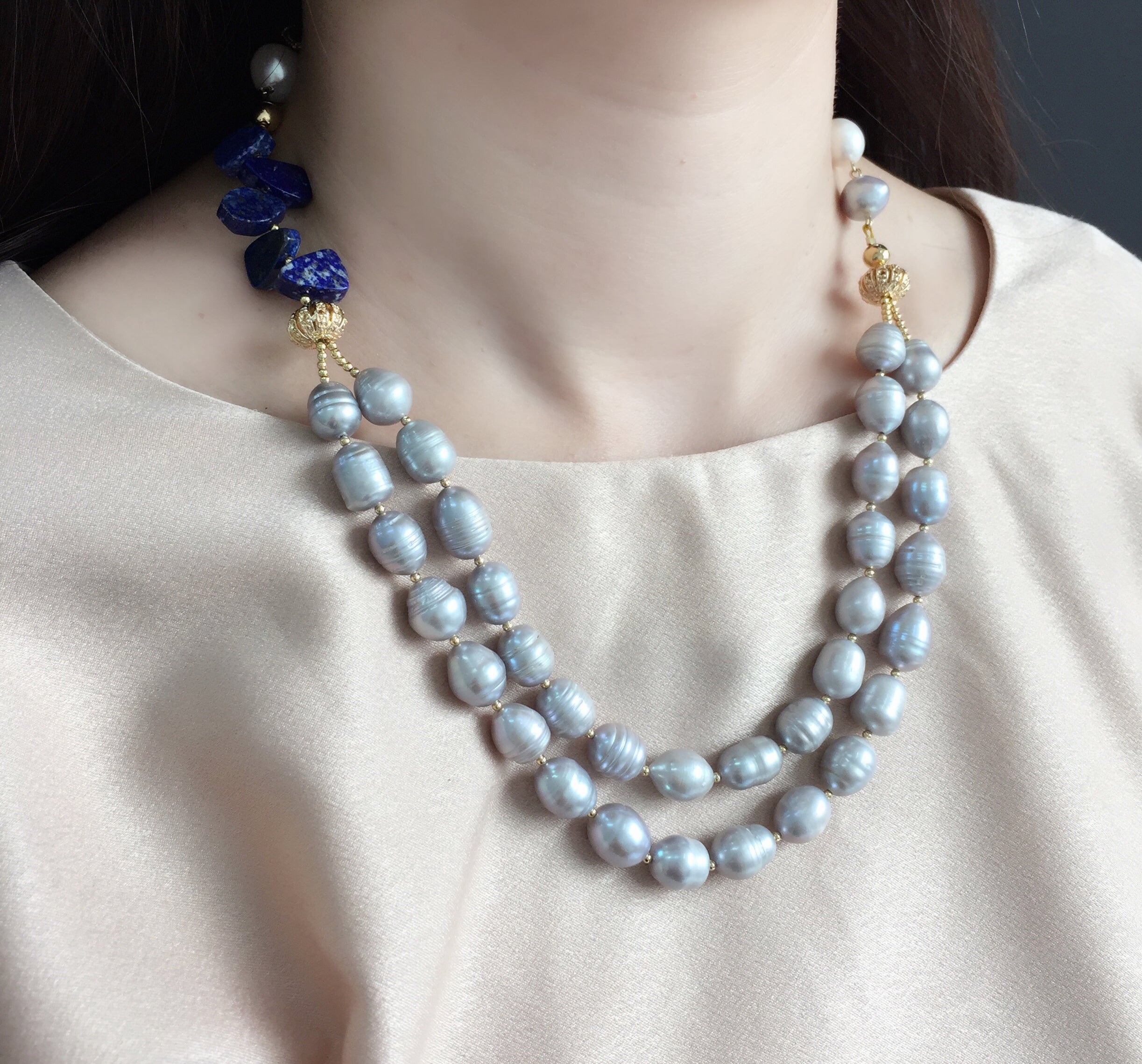 Lapis Lazuli & Freshwater Pearl Double Strand Necklace MN041 - Elegant Jewelry for Women, Perfect for Weddings, Parties & Special Occasions