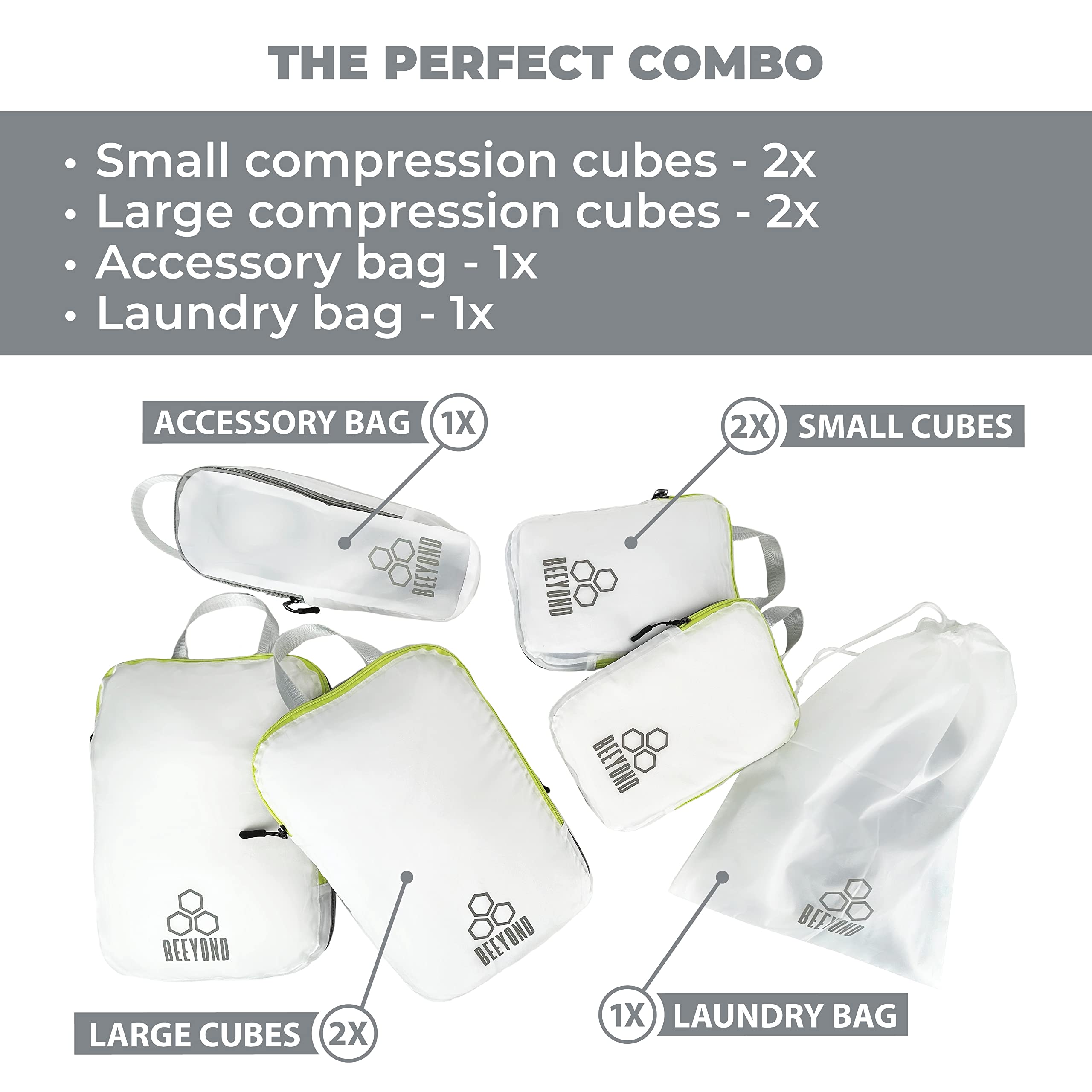 Beeyond 6-Piece Compression Packing Cubes Set for Travel - Large & Small Organizer Bags with Accessory Pouch & Laundry Bag | Perfect for Suitcase Organization, Business Trips & Family Vacations
