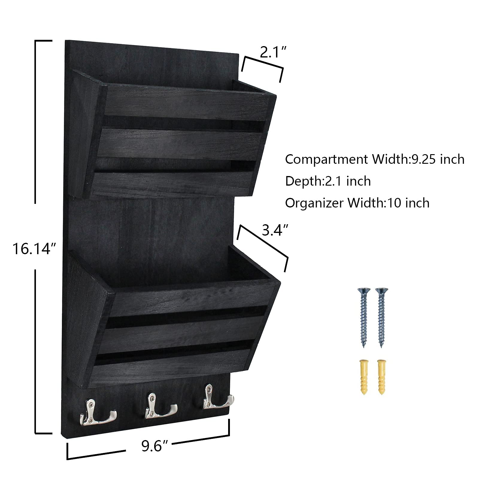 Rustic Wall Mounted Mail Organizer with 4 Key Hooks - Wooden Letter Holder for Mail, Magazines, Keys & Dog Leashes - Perfect for Entryway, Kitchen or Office Organization