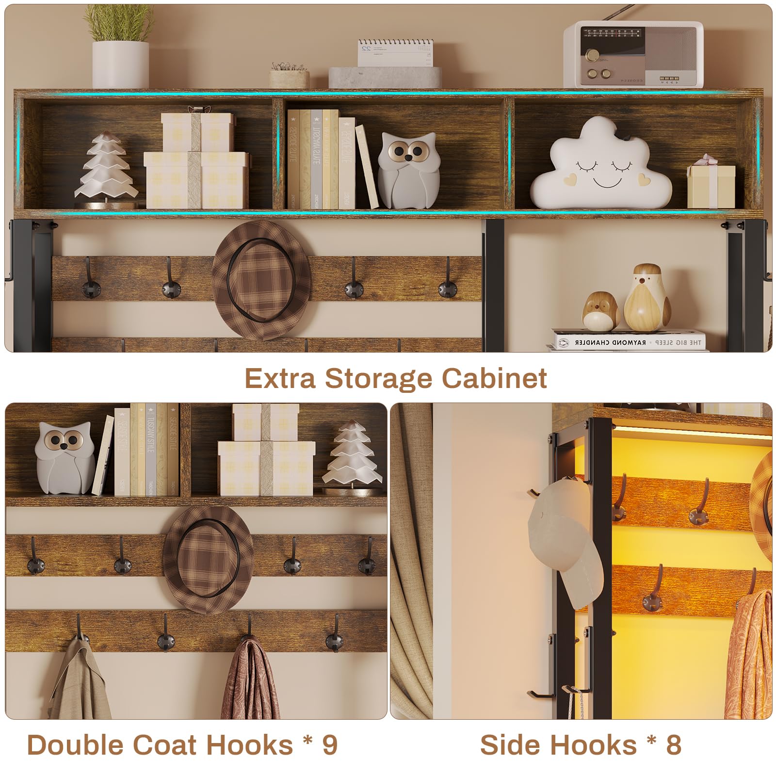 Itaar 7-in-1 Hall Tree Entryway Bench with Coat Rack - Rustic Brown Shoe Storage Organizer, 3 Cubbies & 3 Shelves, 17 Hooks & 2 Fabric Drawers - Perfect for Mudroom, Foyer & Small Space Organization