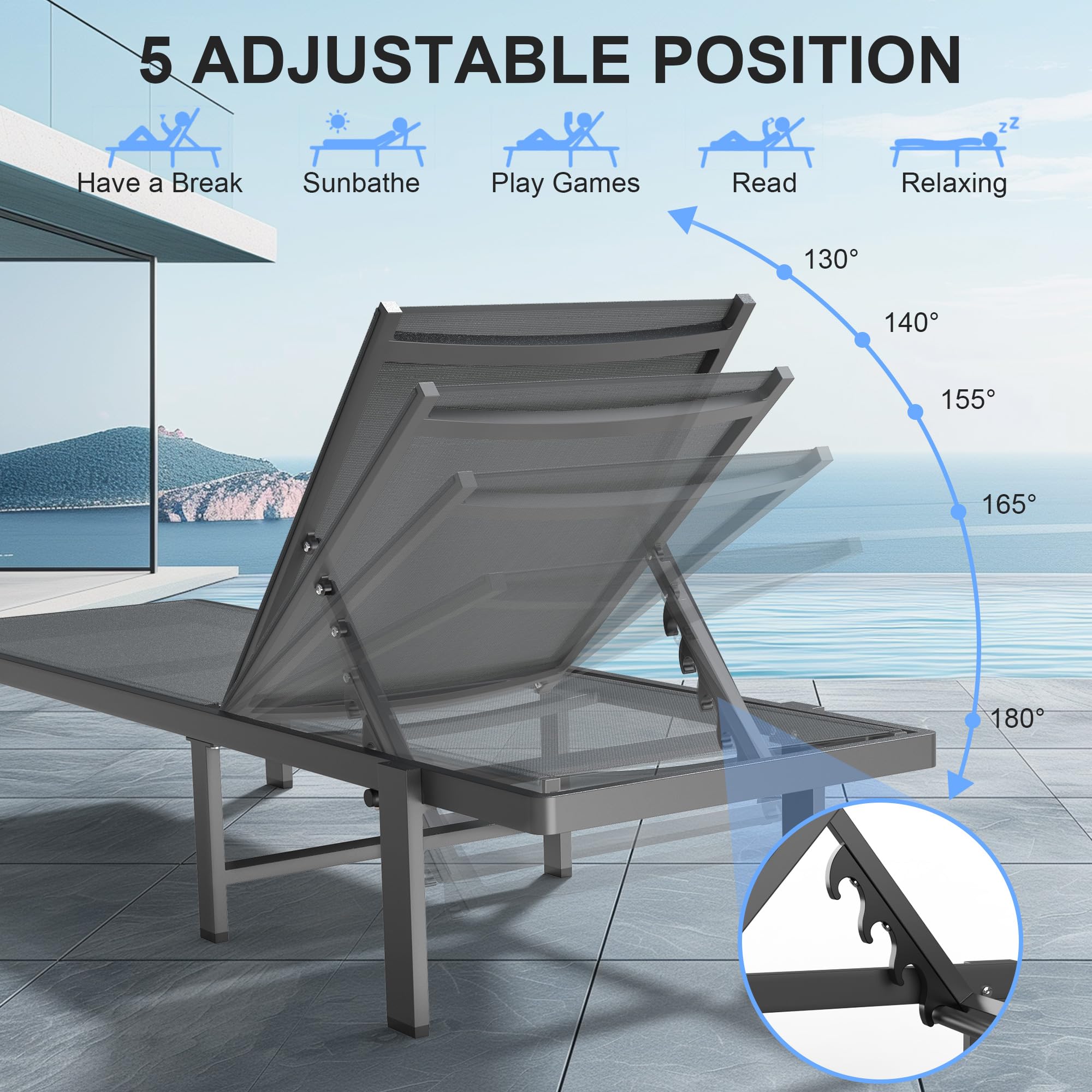 **Adjustable Outdoor Lounge Chair - Weather-Resistant Aluminum Tanning Chaise for Patio, Pool & Beach - Perfect for Sunbathing & Relaxing in Grey**
