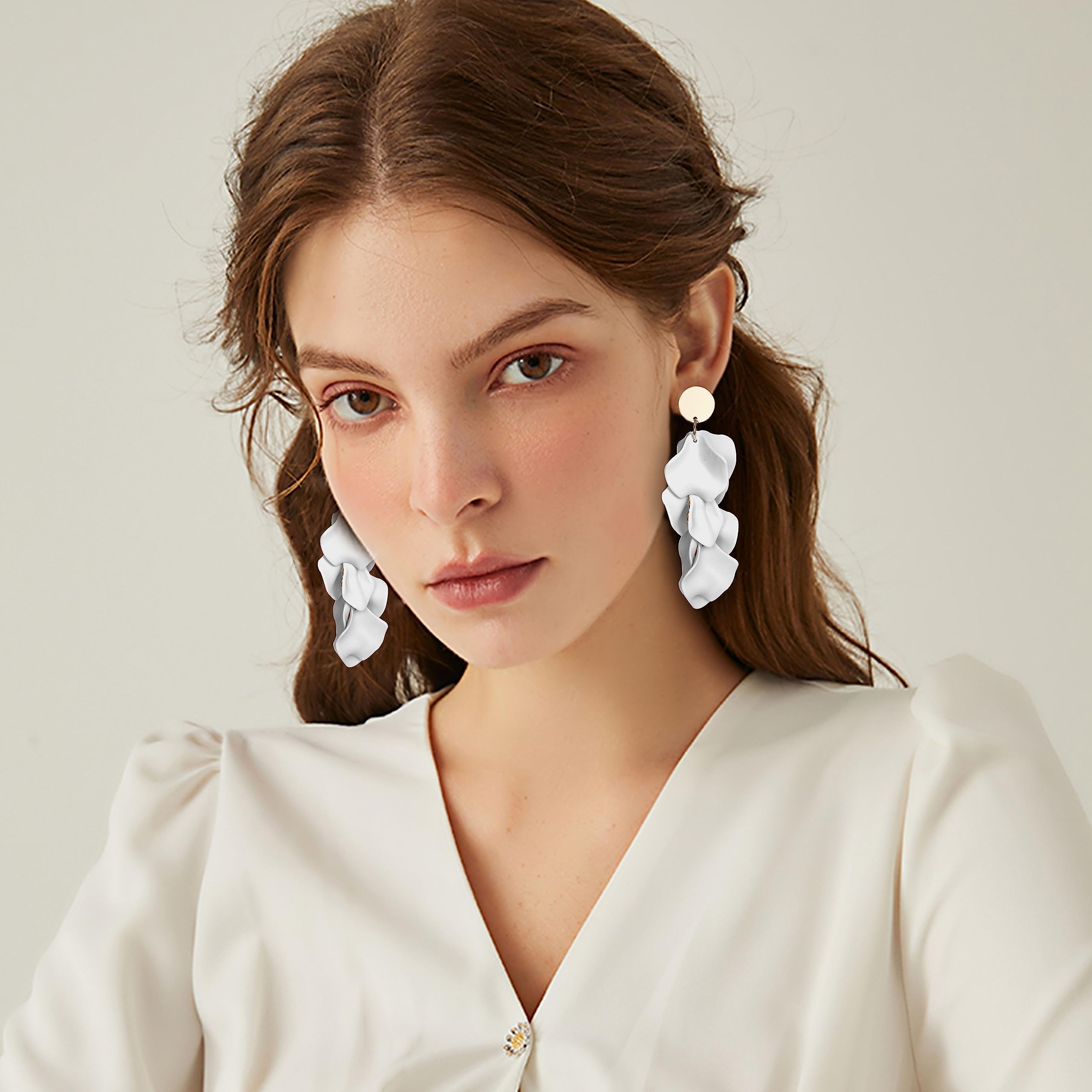 FIBO STEEL Clip-On Rose Petal Dangle Earrings for Women - Acrylic Floral Statement Jewelry in Red, White, Black, Hot Pink & Orange - Perfect for Boho Chic, Wedding & Party Accessories
