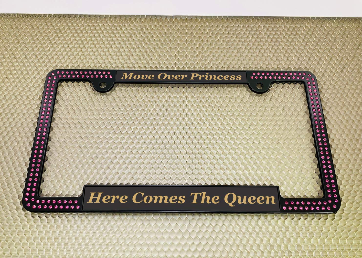 Custom Laser Engraved Black & Gold Metal License Plate Frame with Pink Crystals - Personalized Text Design, Free Caps - Perfect for Cars, Trucks, and Motorcycles