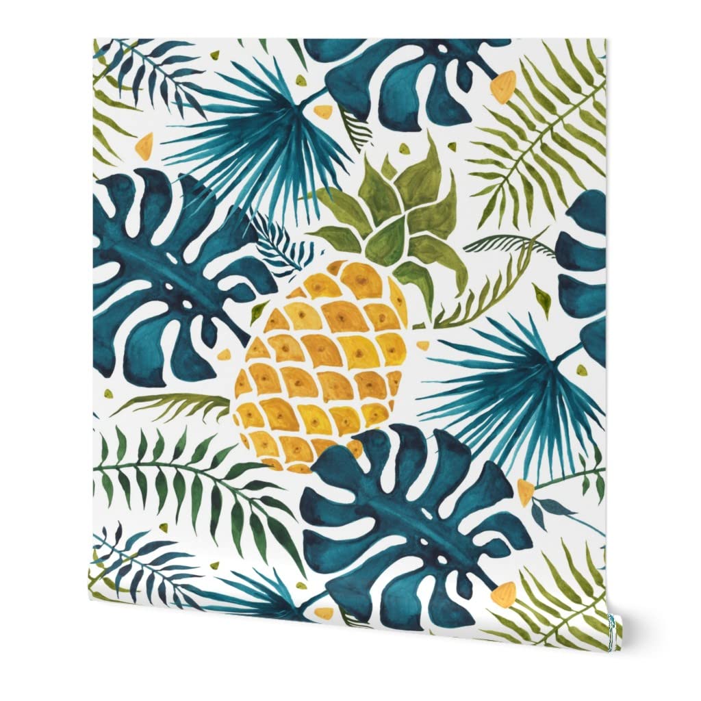 Removable Wallpaper Swatch - Tropical Pineapple Blue Yellow Leaves Design | Pre-Pasted Peel & Stick Wallpaper for Kitchen, Bathroom, Nursery | Spoonflower Custom Summer Fruit Decor