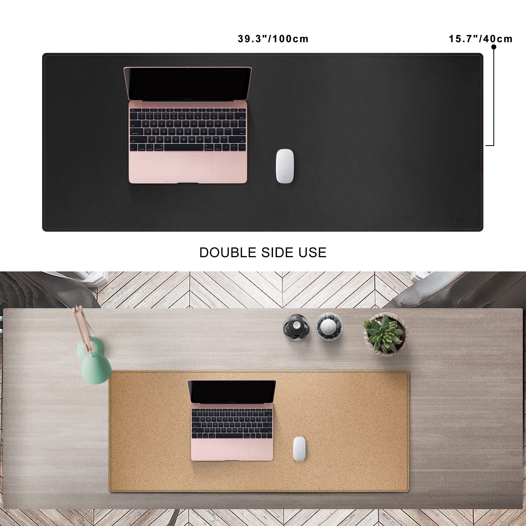 MAIDERN 40 x 16 Inch Extra Large Cork & Leather Desk Pad - XXL Reversible Desk Mat with Mouse Pad Area - Premium Office Desk Protector for Gaming, Writing & Computer Work (Black) - Perfect for Home Office, Study & Workspace Organization