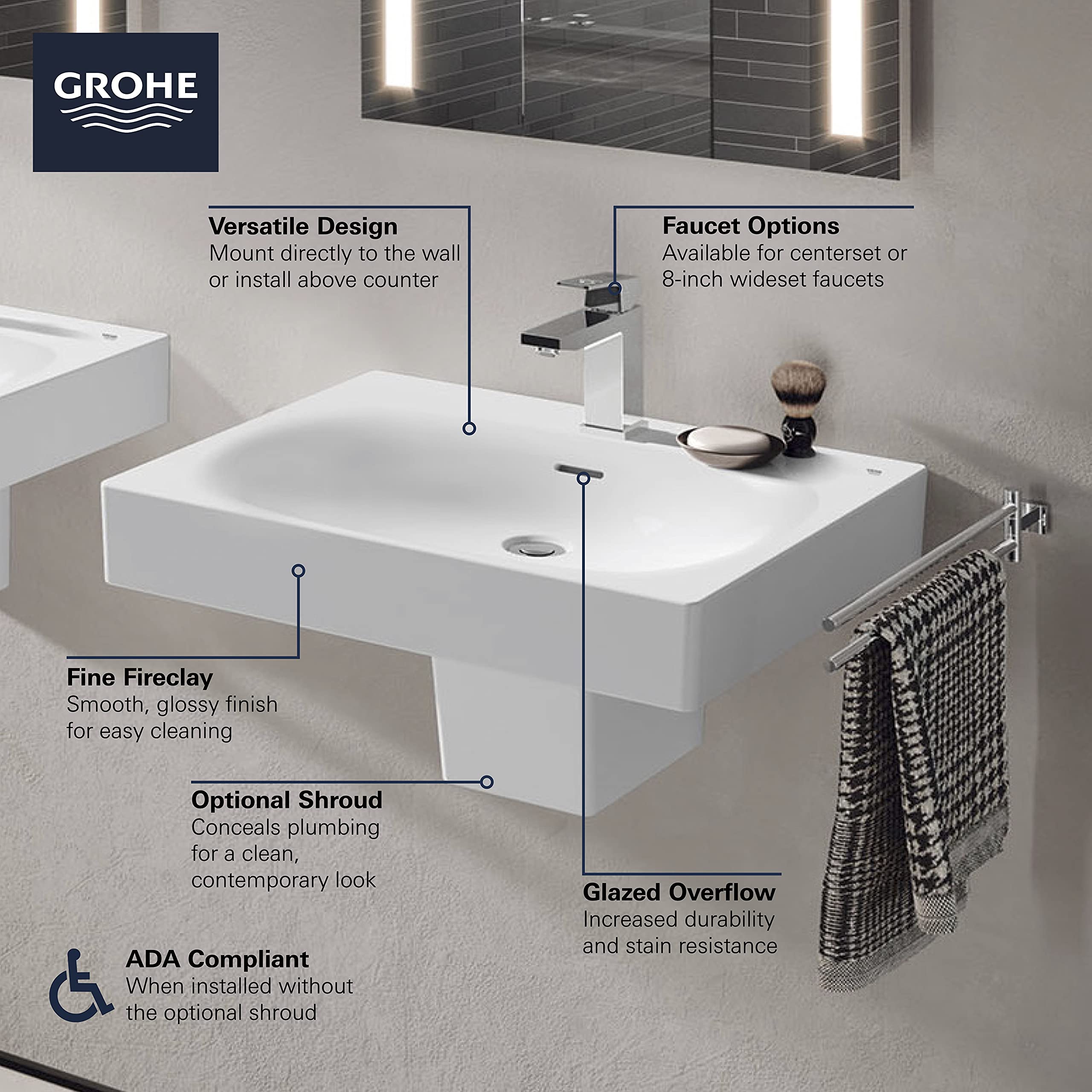 GROHE 39655000 Eurocube Bathroom Sink - Modern Square Ceramic Vessel Sink in Alpine White for Bathroom Vanity & Powder Room Upgrade