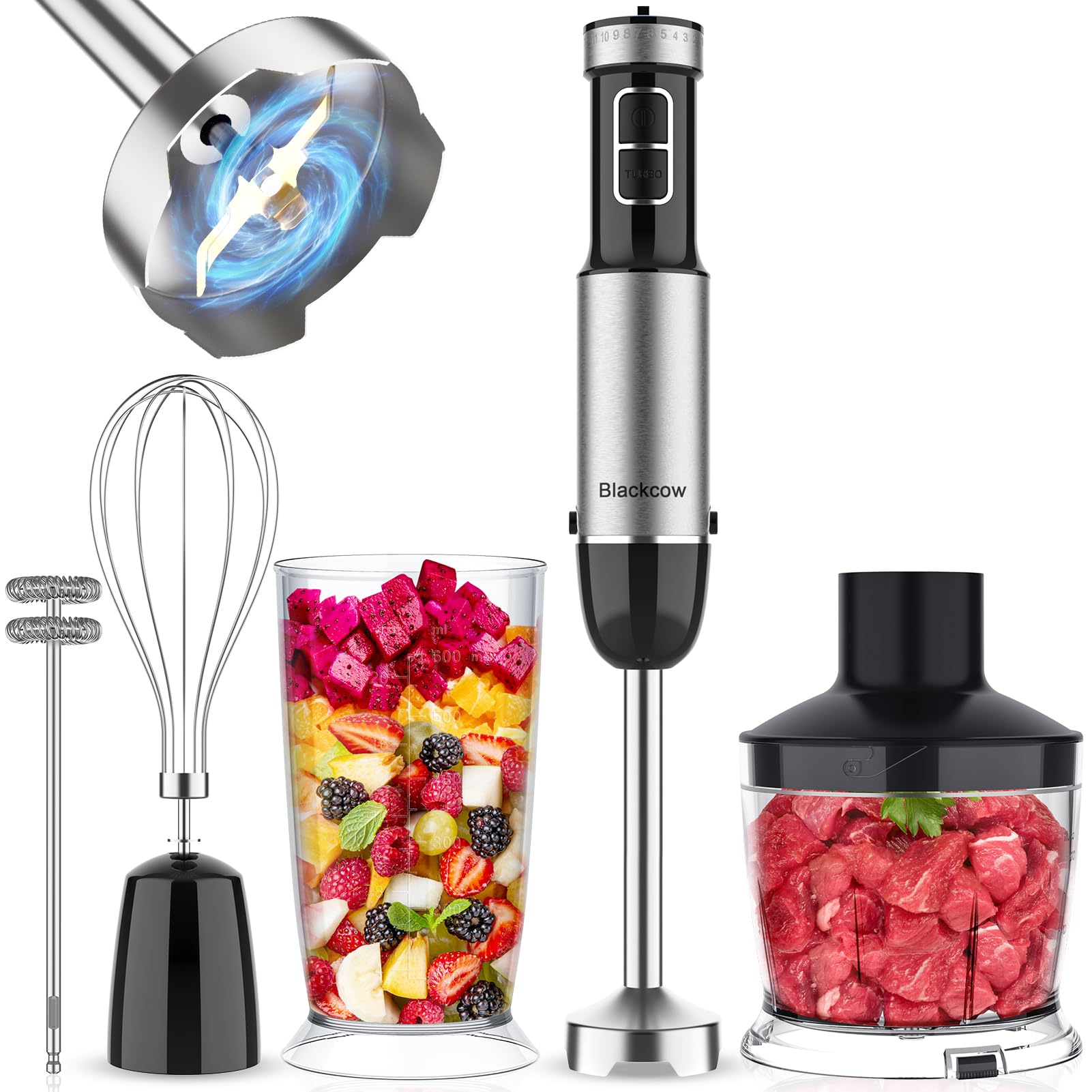 Premium 12-Speed Immersion Hand Blender with Titanium Blades - BPA-Free Kitchen Mixer Includes Chopper Bowl, Whisk & Milk Frother - Perfect for Smoothies, Soups & Baking