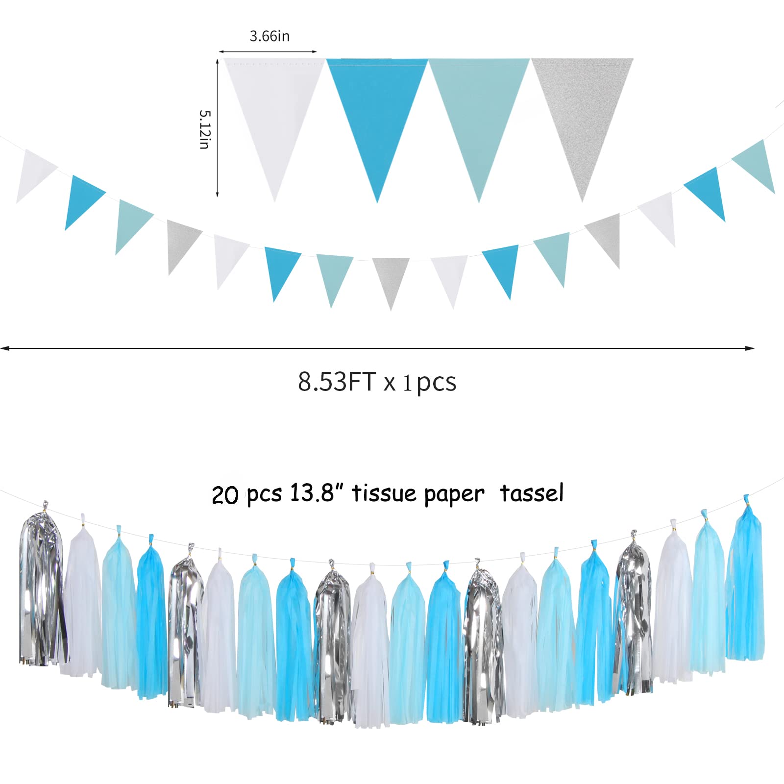 Royal-Light Blue Silver Party Decorations - 30pcs Tissue Pom Poms Streamers, Birthday Tassel Garland Banner for Wedding, Graduation, Baby Shower & Bridal Decor | Elegant Party Supplies for Home & Event Decoration