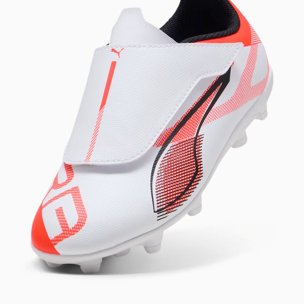 Puma Ultra 5 Play Velcro FG/AG Junior Football Boots for Kids - White/Black/Glowing Red - Lightweight Soccer Cleats for Youth Training & Matches on Firm Ground & Artificial Turf