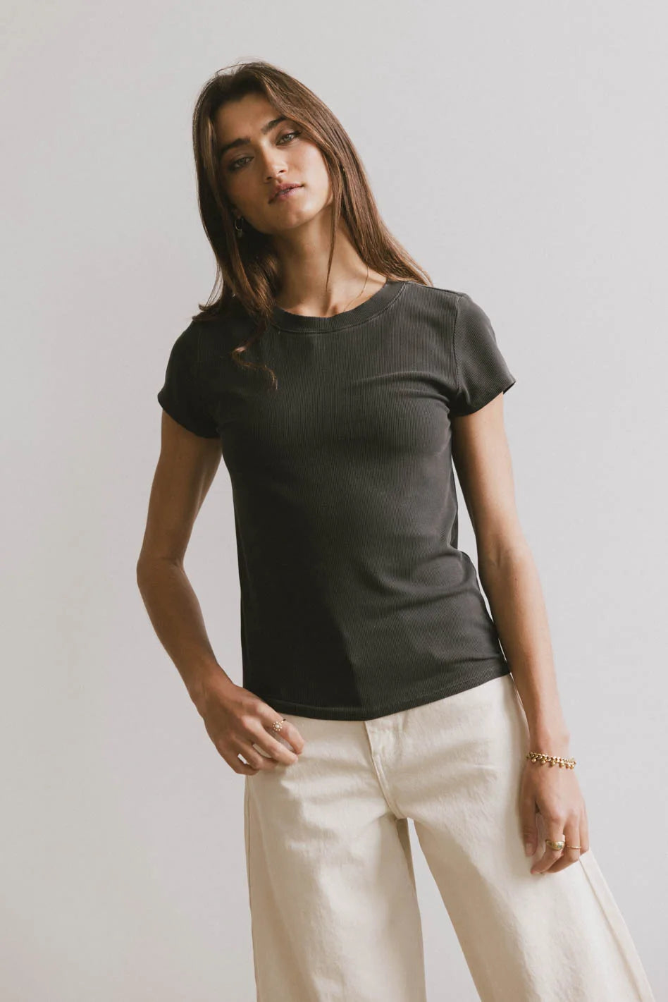 Opal Ribbed Tee in Charcoal - Soft Stretch Cotton Women's T-Shirt for Casual Wear & Layering | Final Sale