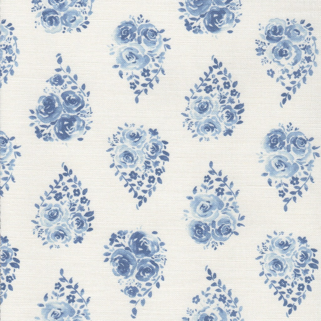 French Blue on White Rose Drop Fabric - Elegant Floral Print for Home Decor, Upholstery & DIY Crafts