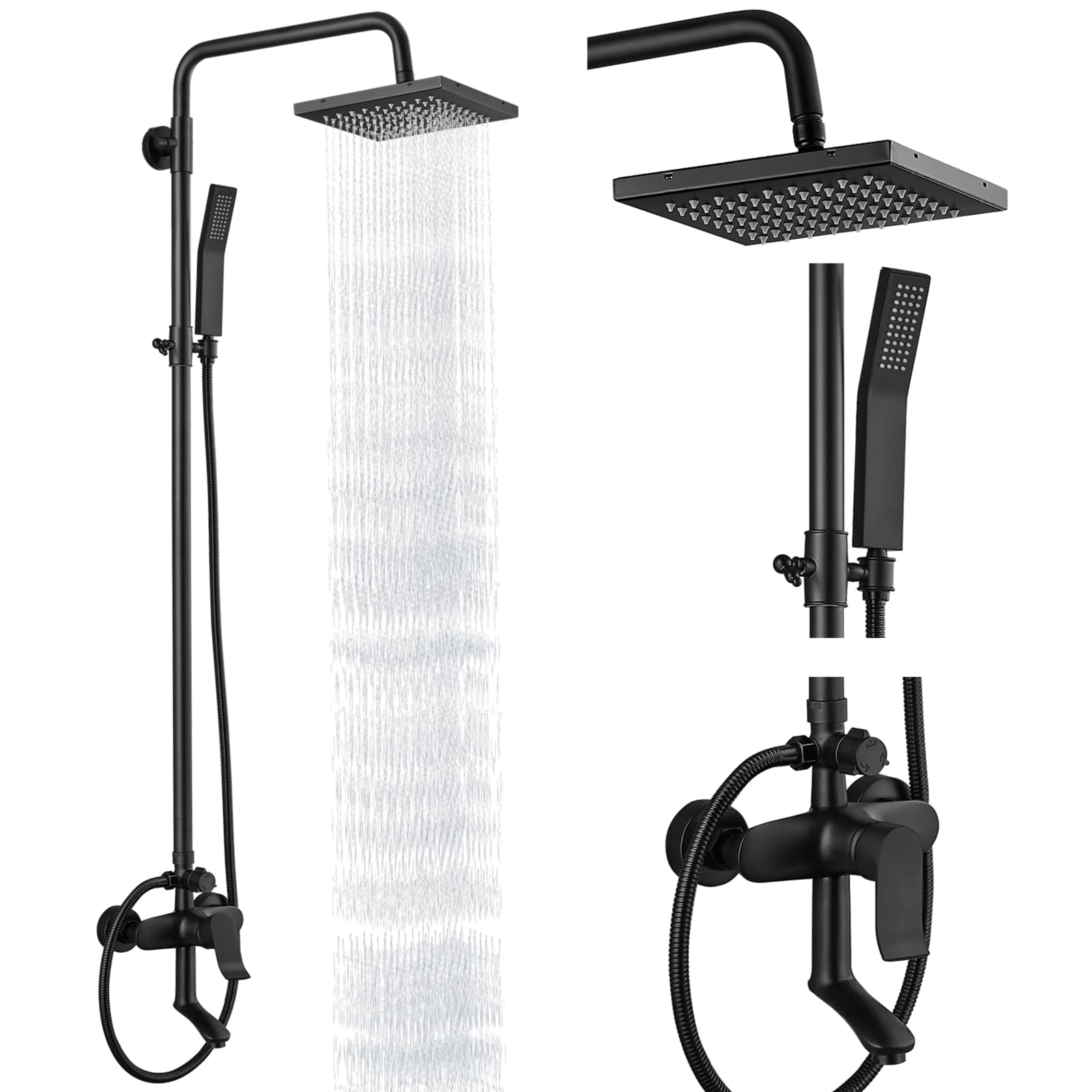 Matte Black Rain Shower System Set - 3 Function Exposed Shower Faucet with 8 Inch Swivel Rainfall Shower Head & Handheld Sprayer - Complete Bathroom Shower System with Wall Mount Tub Spout - Perfect for Modern Master Bathrooms and Spa-Like Showers