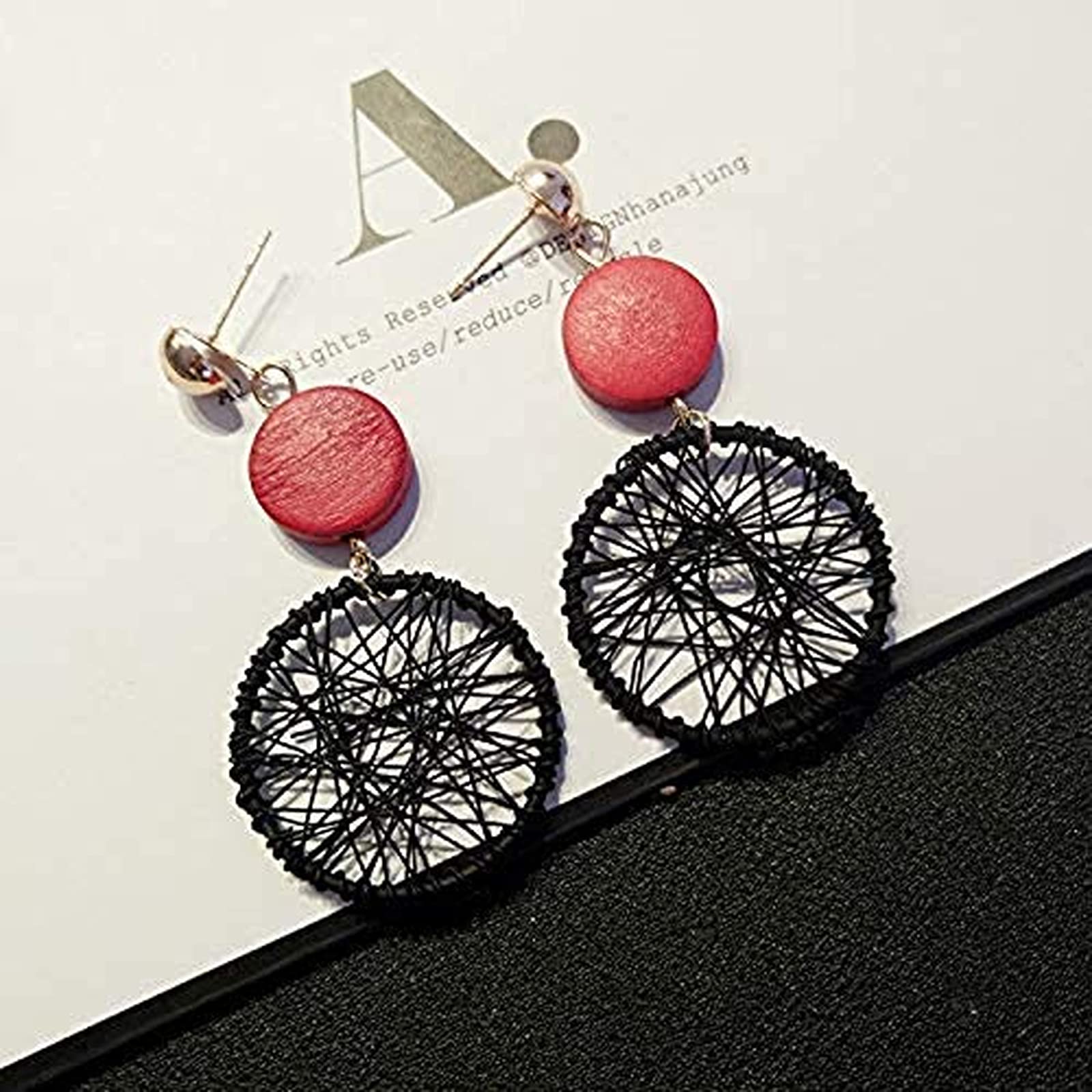 Korean Style Long Wooden Pendant Earrings for Women - Retro Circular Dream Net Dangle Earrings | Perfect for Boho Fashion, Party Accessories & Everyday Wear