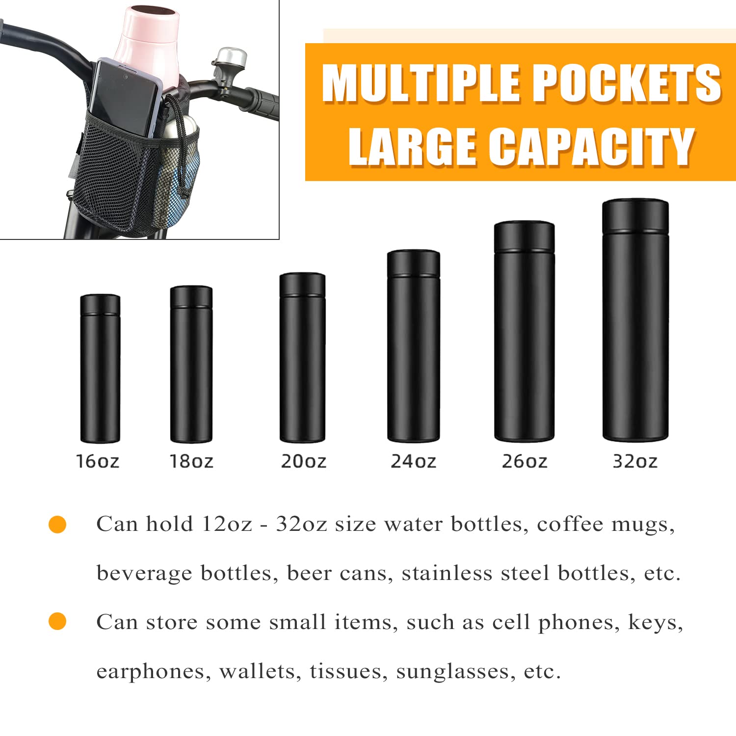 2 Pack Bike Cup Holder - Durable Bicycle Handlebar Water Bottle Holder with Mesh Oxford Pocket for Phone & Drinks - Compatible with Mountain Bikes, Road Bikes, e-Bikes, Kids Bikes, Wheelchairs & Cruisers - Perfect for Cycling, Commuting, Hiking & Outdoor Adventures