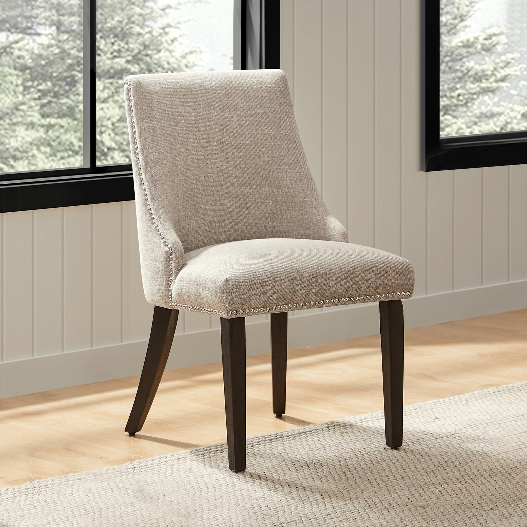 CHITA Farmhouse Dining Chairs with Nailhead Trim - Set of 2 Fabric Upholstered High Back Chairs in Flax Beige for Kitchen, Dining Room & Breakfast Nook