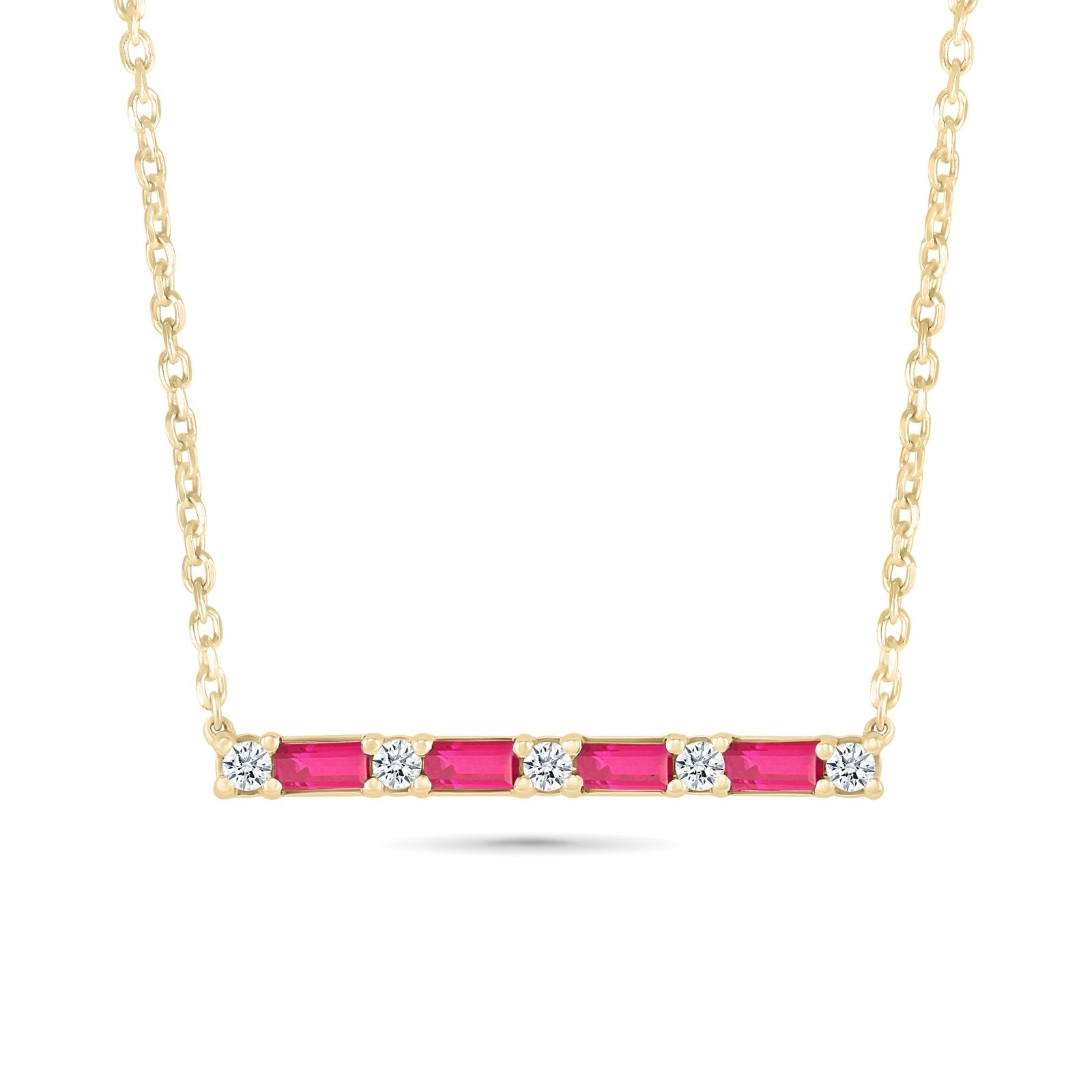 Emerald Cut Ruby and Round White Sapphire Bar Necklace - 10k Solid Yellow Gold Dainty Jewelry for Women, Gift for Her, Anniversary, Birthday, Valentine's Day