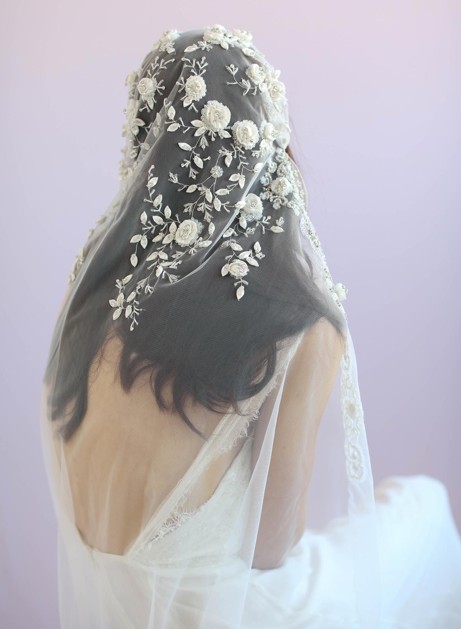 Embroidered Floral and Beaded Juliet Veil - Style #635 | Elegant Wedding Accessory for Brides, Bridesmaids, and Formal Events