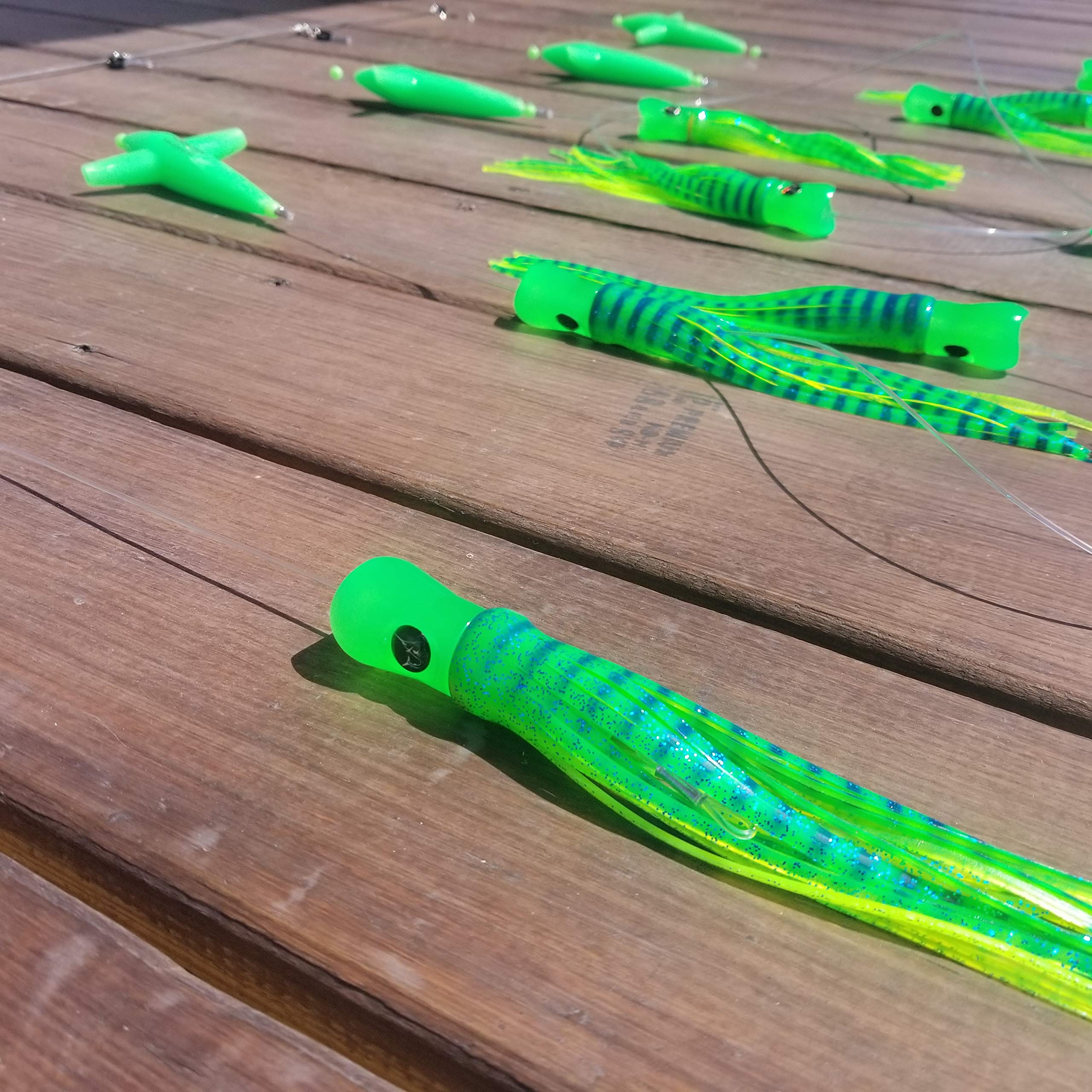 36-Inch Skipjack Hybrid UV 8-Inch Green Mackerel Fishing Lures with Splash Bar - Bigeye Tuna Spreader Bar Kit (5 Birds) - Made in USA - Perfect for Offshore Tuna Fishing & Saltwater Angling - Ideal for Deep Sea Fishing, Trolling, and Game Fish Attraction