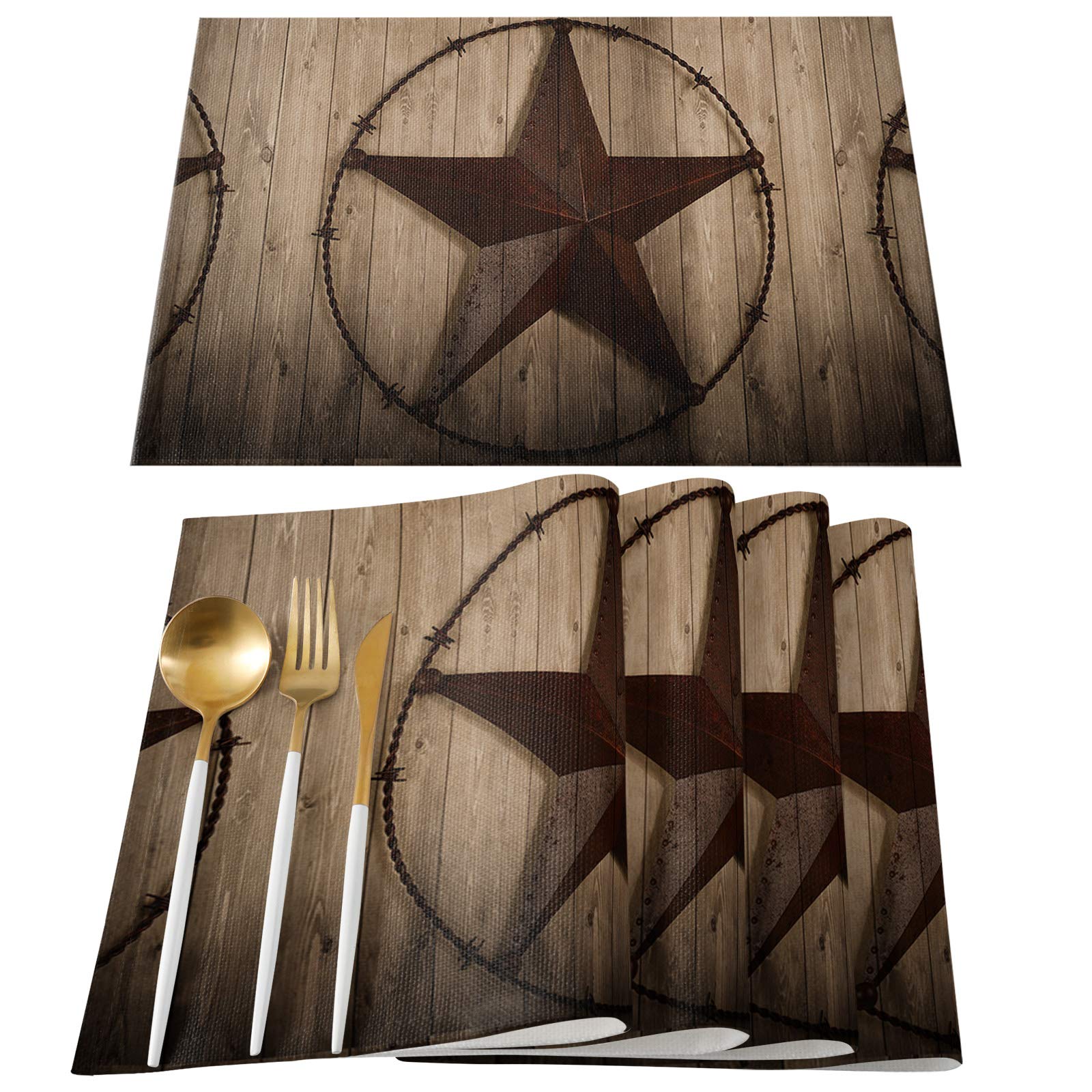 4-Pack Retro Star Wood Grain Placemats – Washable Cotton Linen Table Mats for Dining & Kitchen, Heat-Resistant Non-Slip Plate & Cup Mats (13