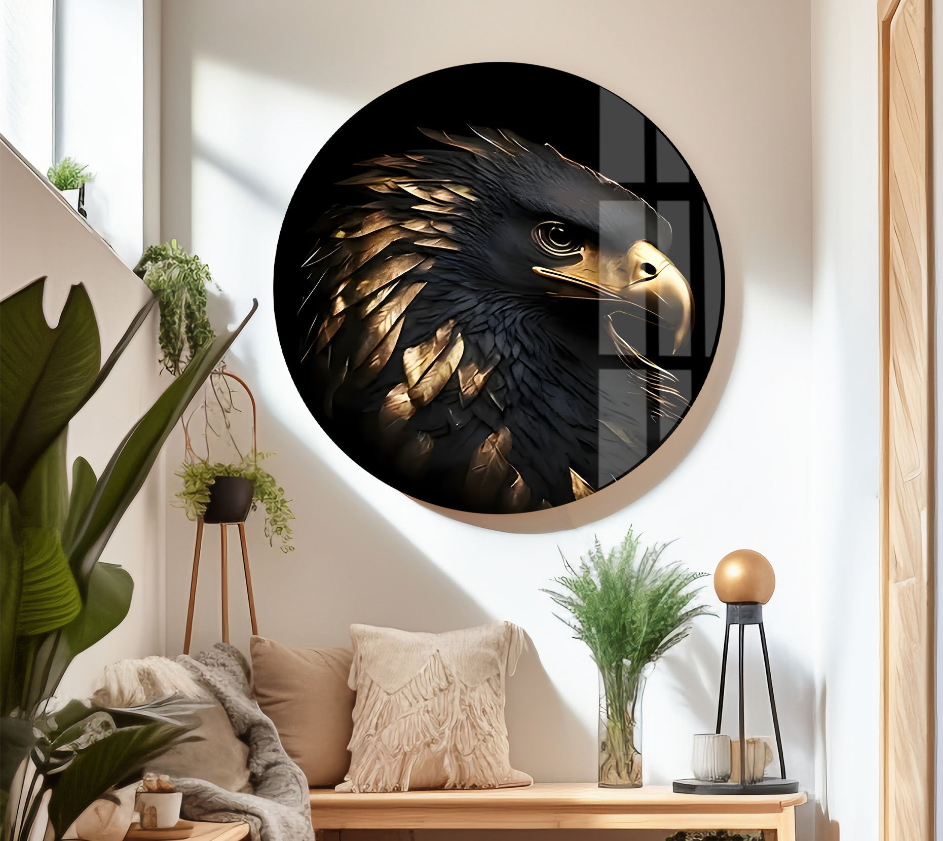 Black Gold Eagle Glass Wall Art - Handmade Modern Home Decor for Living Room, Bedroom & Office - Elegant Glass Artwork for Gifts & Interior Design