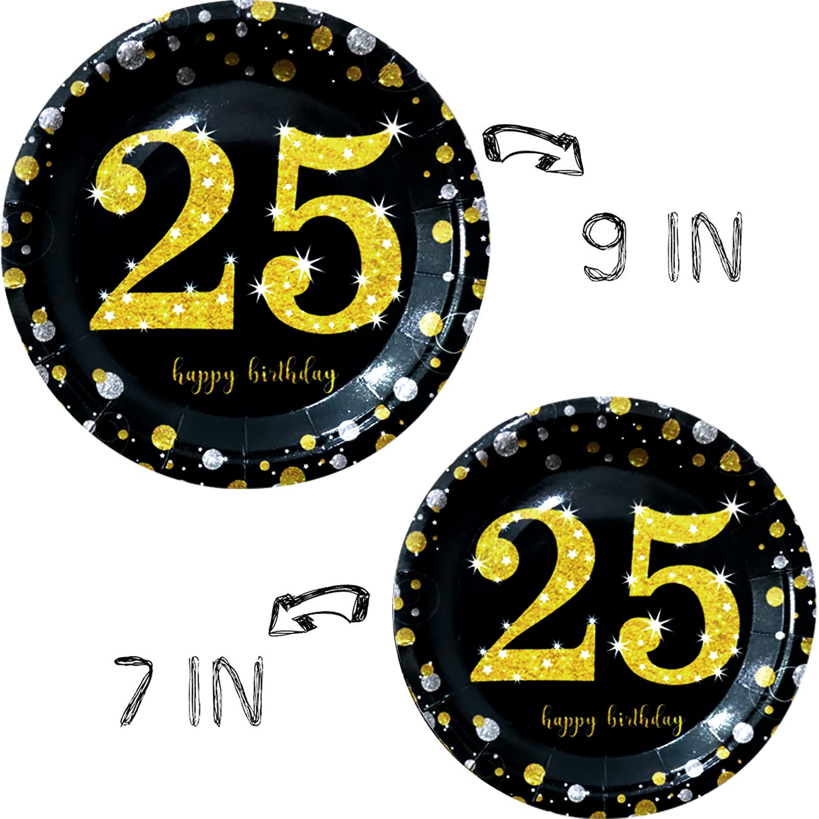 25th Birthday Party Supplies - Black & Gold Disposable Dinnerware Set for 24 Guests | Includes Plates, Cups, Cutlery, Tablecloth & Balloons | Perfect for Anniversary Celebrations, Milestone Parties & Elegant Gatherings