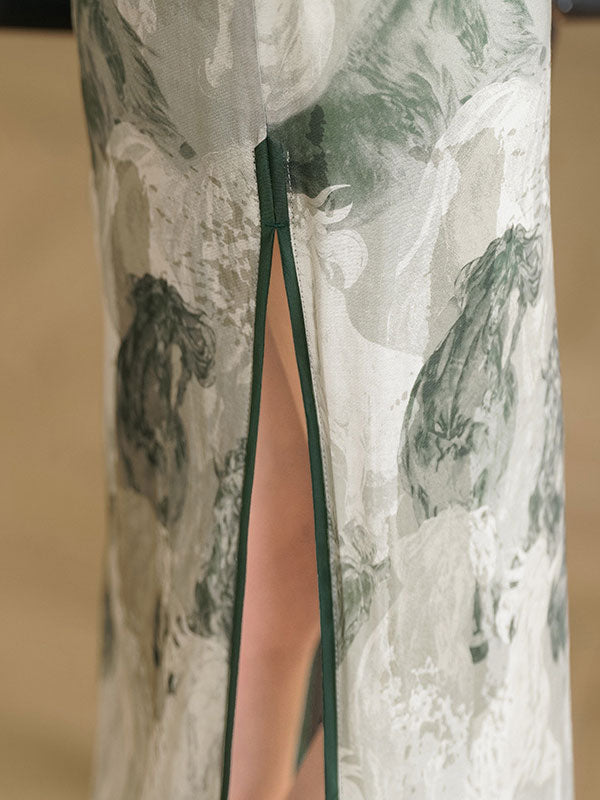 Elegant 2025 Summer Green Printed Cheongsam Qipao Dress - Vintage Chinese Traditional Dress for Women, Perfect for Weddings, Parties & Cultural Events