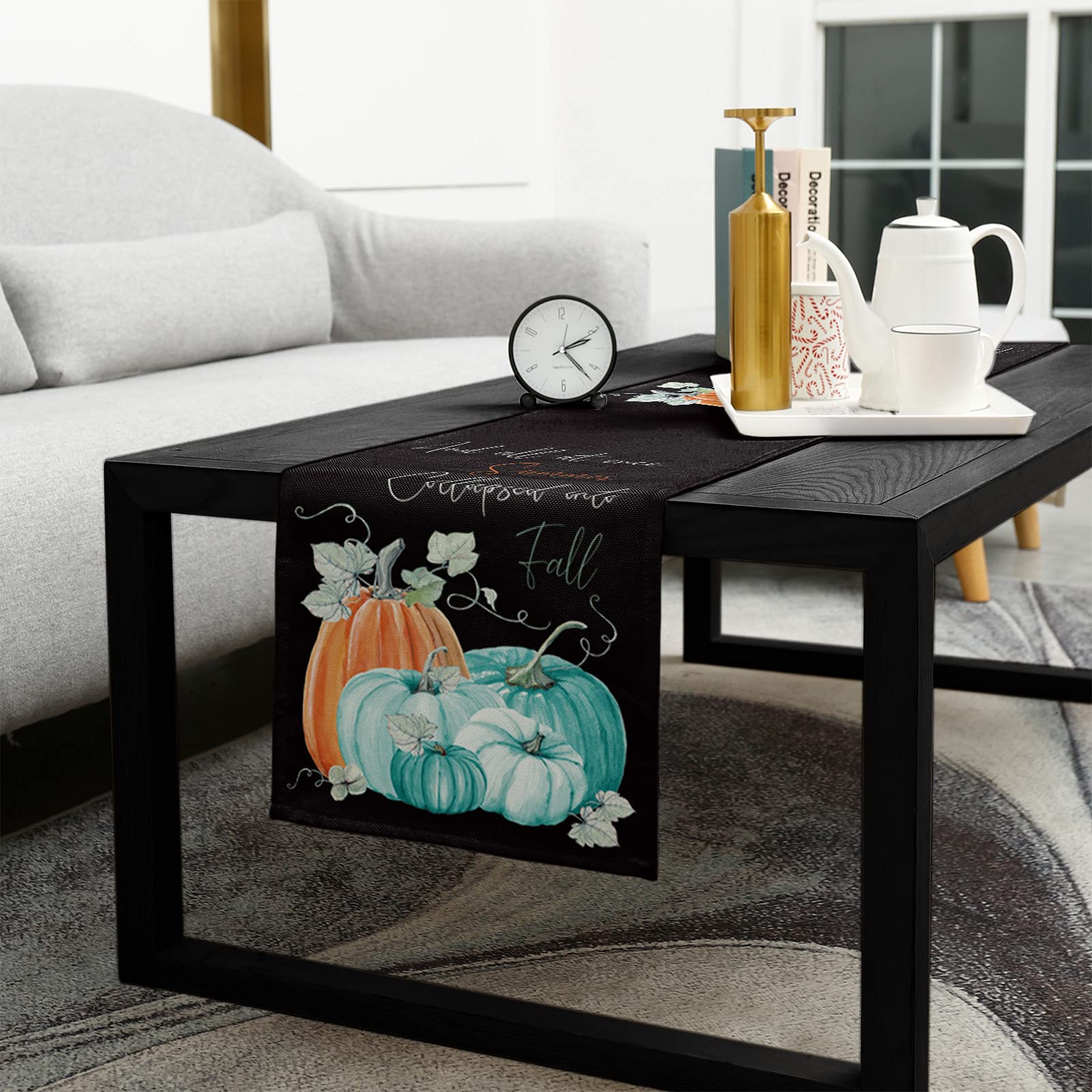 108 Inch Fall Thanksgiving Pumpkin Burlap Linen Table Runner - Farmhouse Kitchen Dining Decor for Coffee Table, Wedding, Banquet & Party | Autumn Aqua Pumpkin Black Home Decoration | Perfect for Harvest Season, Holiday Gatherings & Farmhouse Style Dining