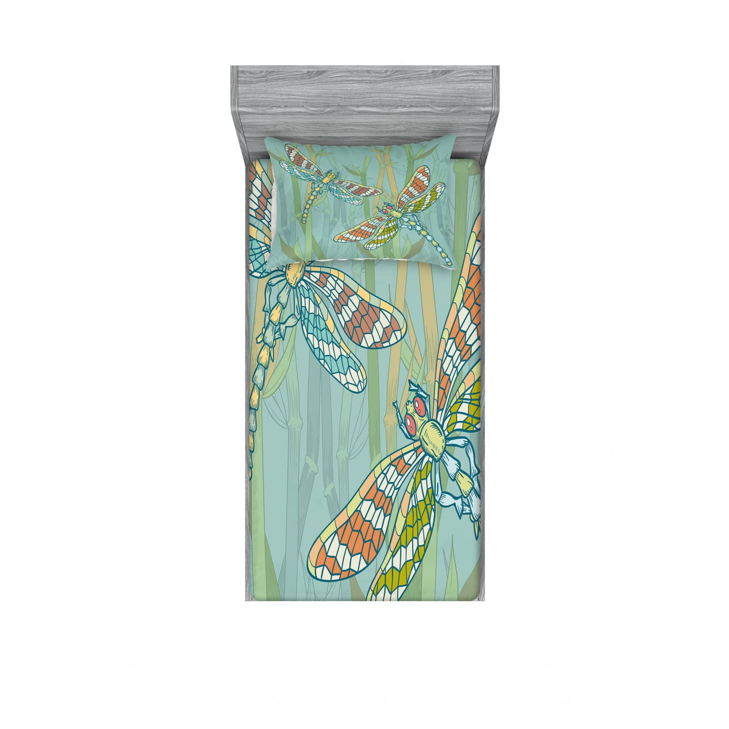 Ambesonne Dragonfly 2-Pack Twin Fitted Sheet & Pillow Sham Set - Exotic Nature Insect Bedding Decor (4-Piece, Almond Green) for Kids Room, Guest Bedroom, or Dormitory Decor