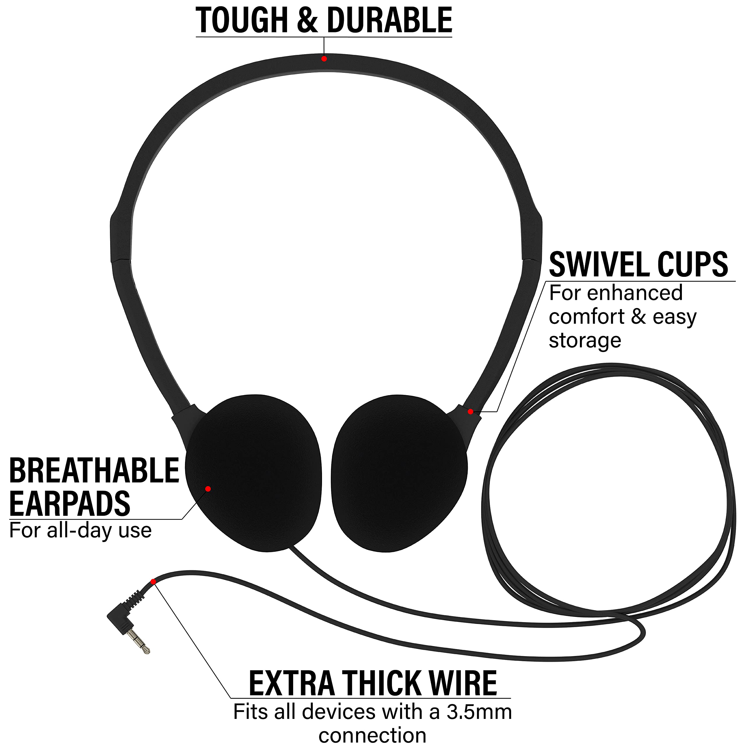 Maeline Bulk On-Ear Headphones 200 Pack - 3.5mm Stereo Headphones with Tangle-Free Cord - Perfect for Schools, Gyms, Libraries & Events