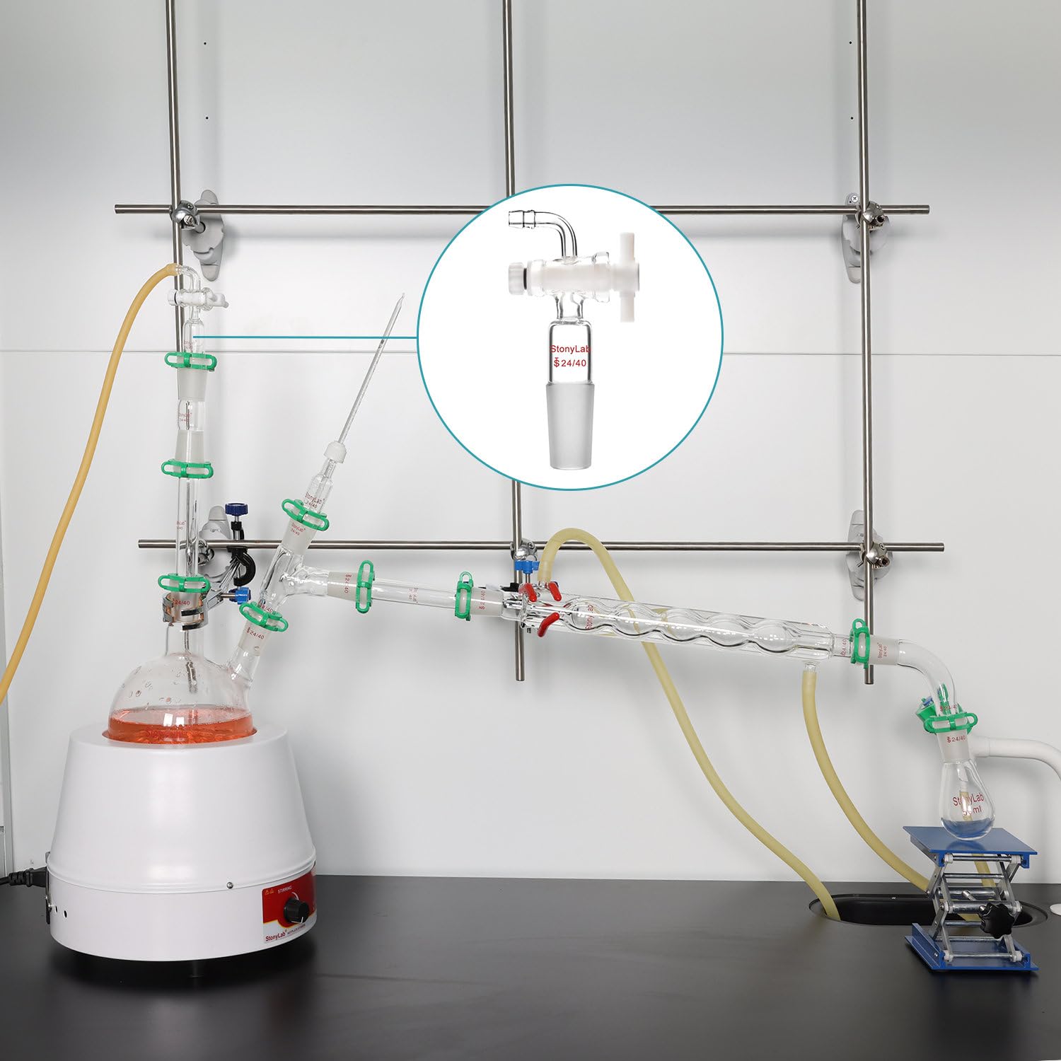 StonyLab PTFE Stopcock Vacuum Flow Control Adapter with 24/40 Joint & Bent Hose Connector - Perfect for Laboratory Vacuum Systems, Distillation Setups & Chemical Experiments