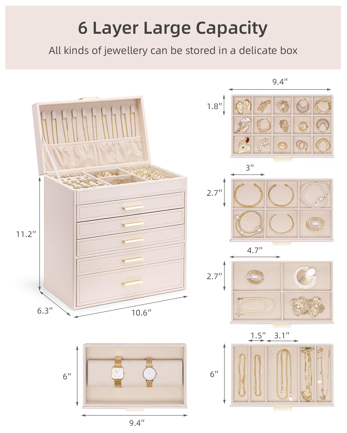 Vlando 6-Layer Large Jewelry Organizer Box - Premium Jewelry Storage Case for Necklaces, Rings, Bracelets & Watches - Perfect Drawer Organizer & Birthday Gift for Women, Mom, Girlfriend - Elegant Pink - Ideal for Bedroom Vanity, Travel & Gift Giving