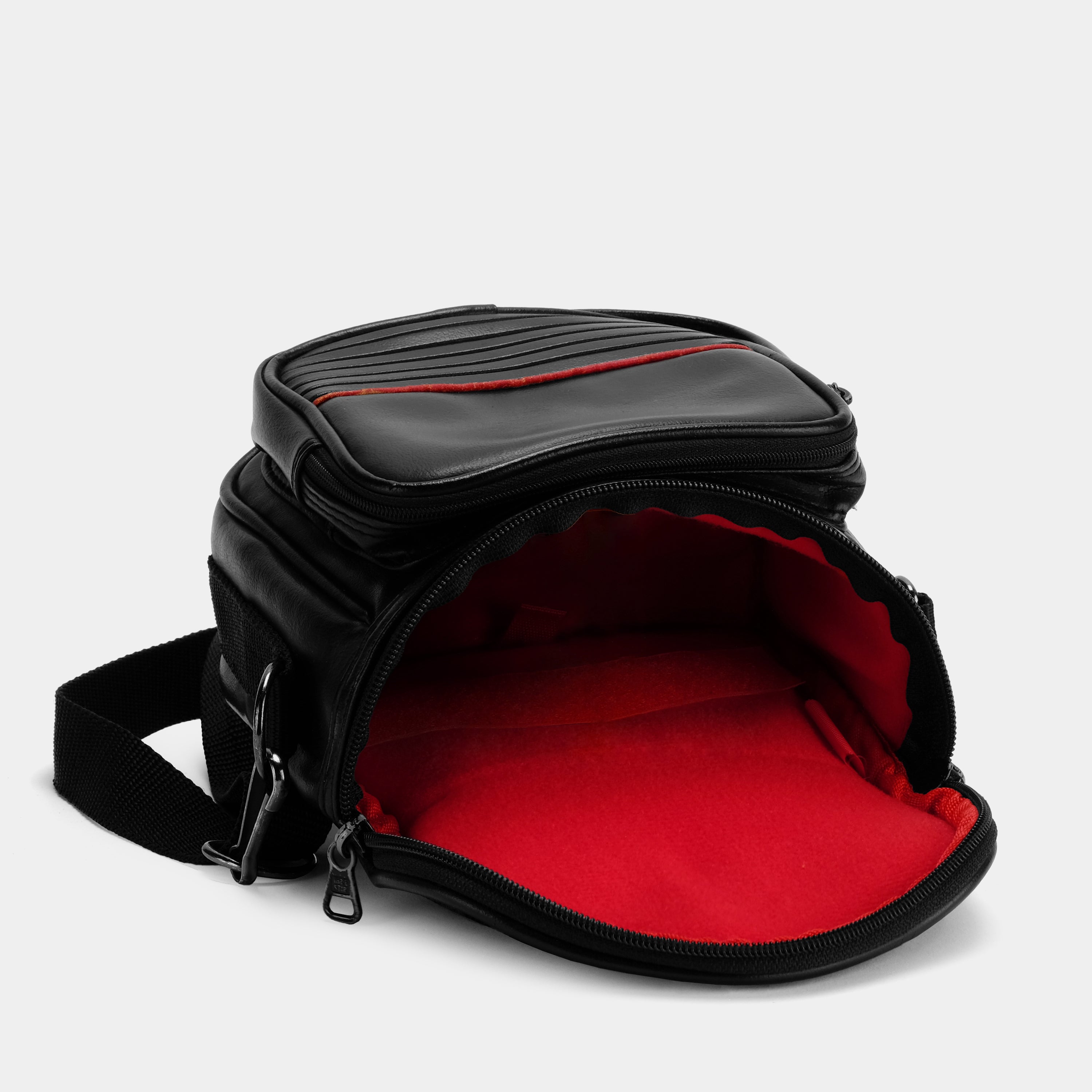 Premium Black Leather Camera Bag with Red Stripe - Waterproof DSLR/SLR Shoulder Bag for Photographers, Travel & Outdoor Photography Gear Accessories
