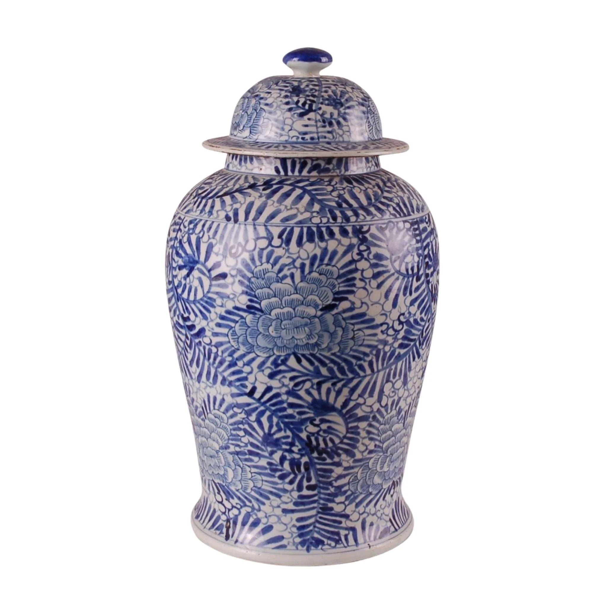 Blue and White Porcelain Floral Palm Ginger Jar - Hand-Painted Ceramic Vase for Home Decor, Wedding Centerpiece, and Asian-Inspired Interior Design
