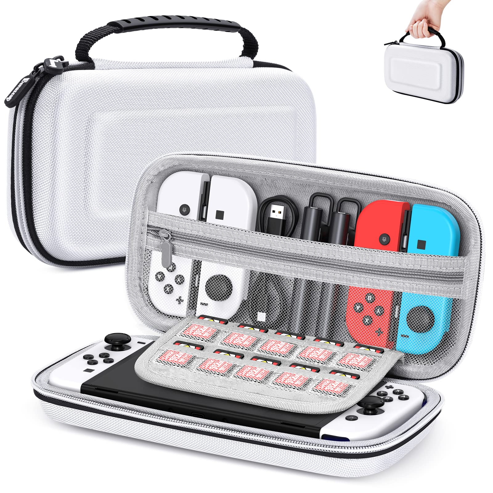Benazcap Hard Shell Travel Carrying Case for Nintendo Switch & Switch OLED - Protective Storage Pouch with 10 Game Slots | Shockproof Design for Console & Accessories | Perfect for Travel, Commuting & Gaming On-The-Go (White)