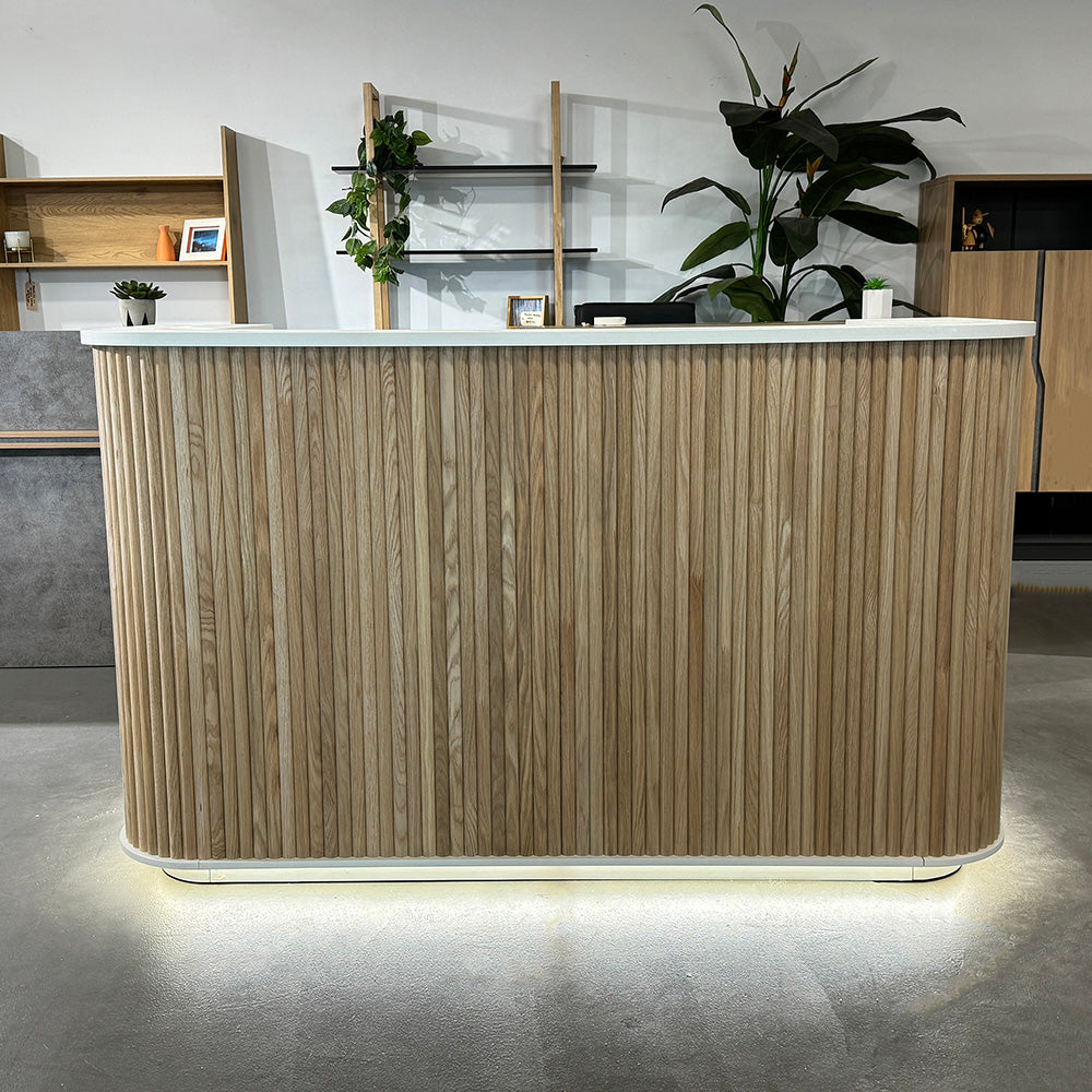 Premium HALO 180cm Reception Desk - Solid Oak & White Finish - Perfect for Office, Hotel, and Corporate Lobby Reception Areas