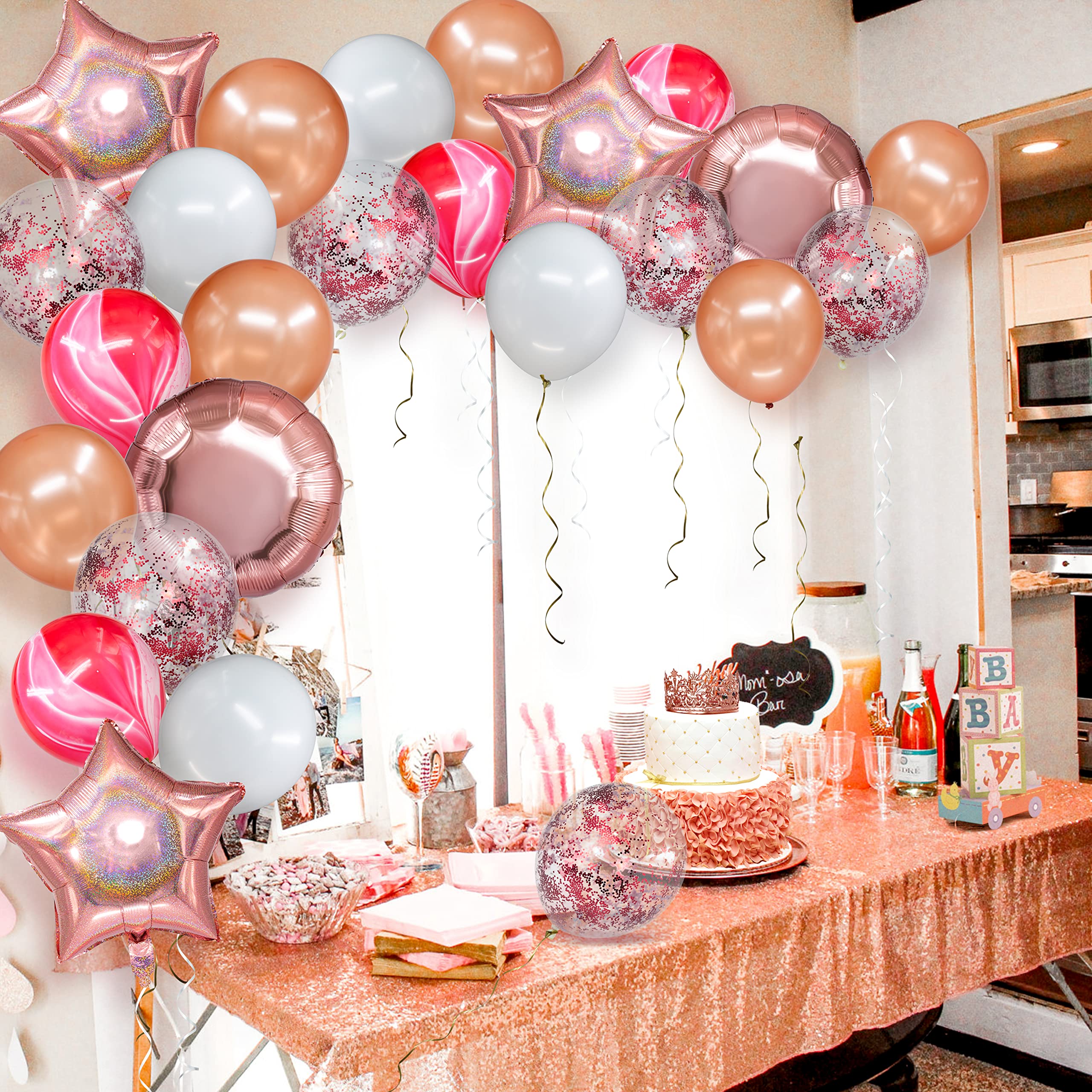 Rose Gold Balloon Garland Kit - 50PCS Rose Gold, Pink & White Balloons with Confetti for Birthday, Wedding, Engagement, Bridal & Baby Showers - Perfect for Party Backdrops, Photo Booths & Ceiling Decorations