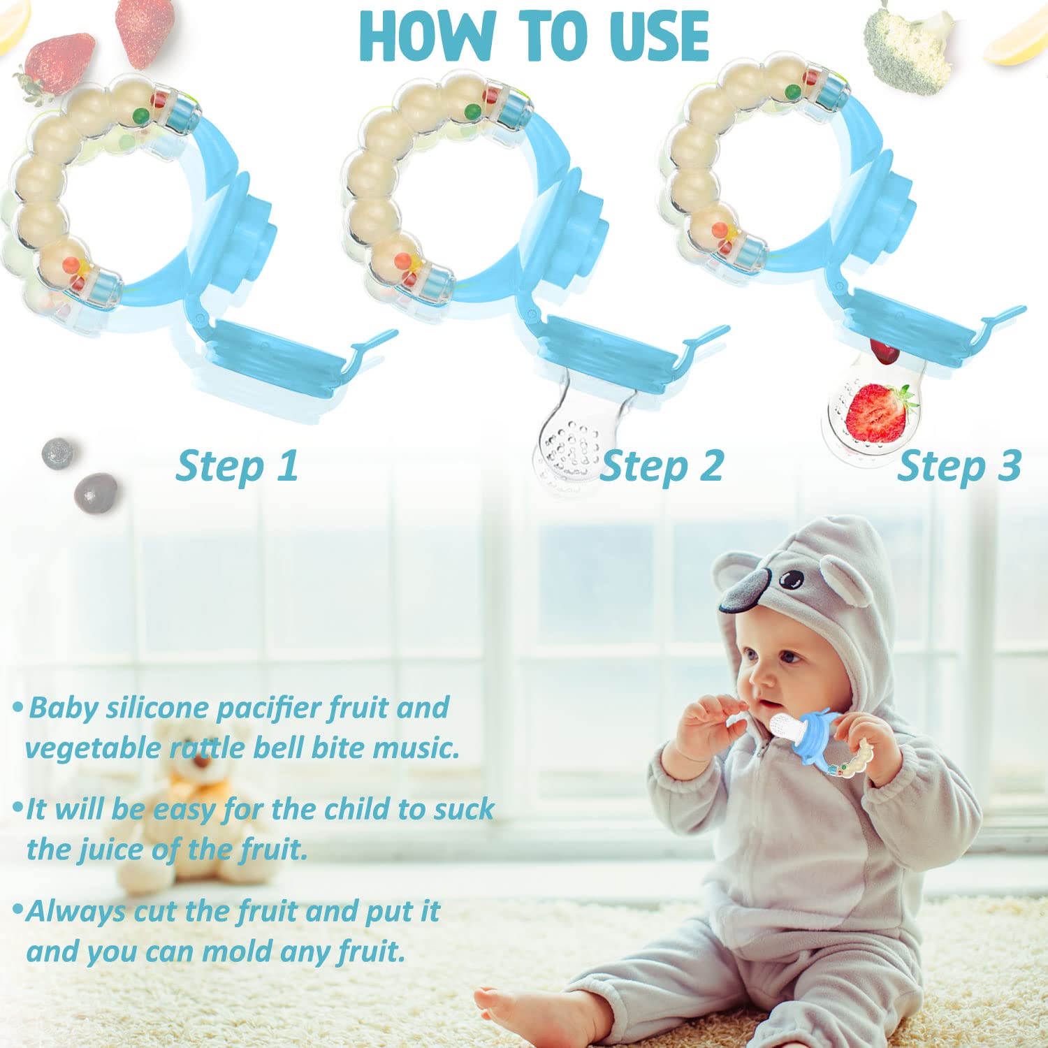 Bembika Baby Nibbler Ring - Blue Silicone Pacifier & Food Feeder for 6-9 Month Old Infants - Safe Teething Toy & Fruit Feeder for Easy Baby Feeding at Home or Travel