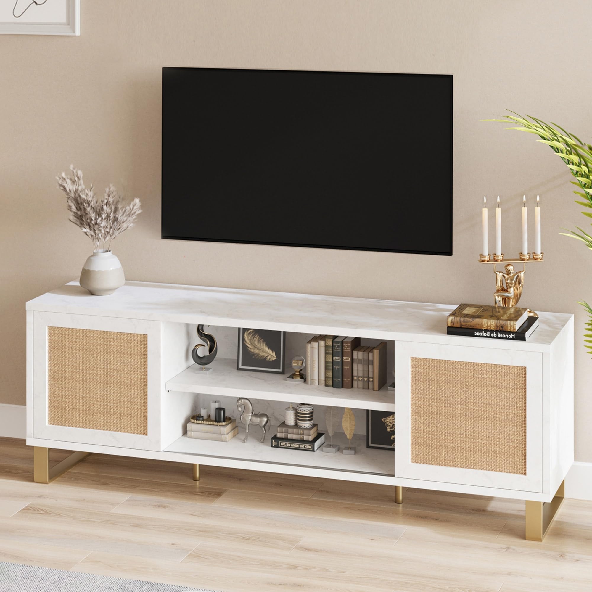 Modern White Rattan TV Stand 66 Inch - Entertainment Center with Storage Doors & Shelves, Media Cabinet for Living Room & Bedroom - Perfect for Organizing TVs, Gaming Consoles & Home Decor