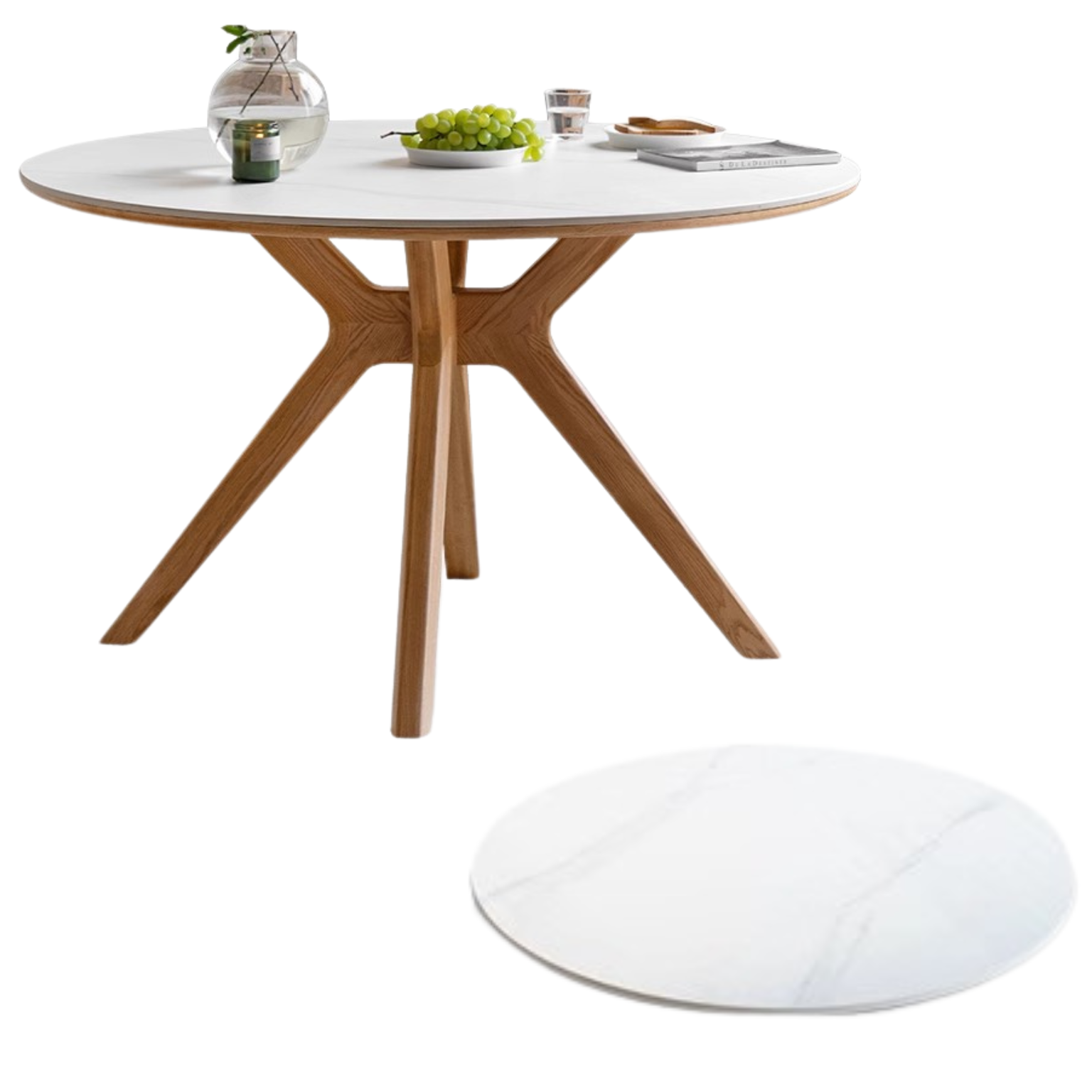 Solid Oak Wood Round Nordic Dining Table with Rock Slab Surface - Modern Farmhouse Kitchen & Dining Room Furniture for Family Gatherings