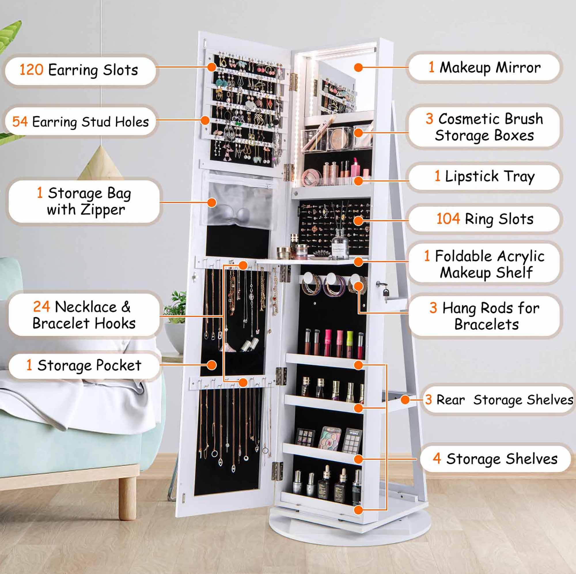 360° Swivel Jewelry Cabinet with Lock & LED Lights - Standing Jewelry Organizer with Full-Length Mirror, Rear Storage Shelves - White Jewelry Armoire for Women & Girls - Perfect for Bedroom, Dressing Room & Closet Organization